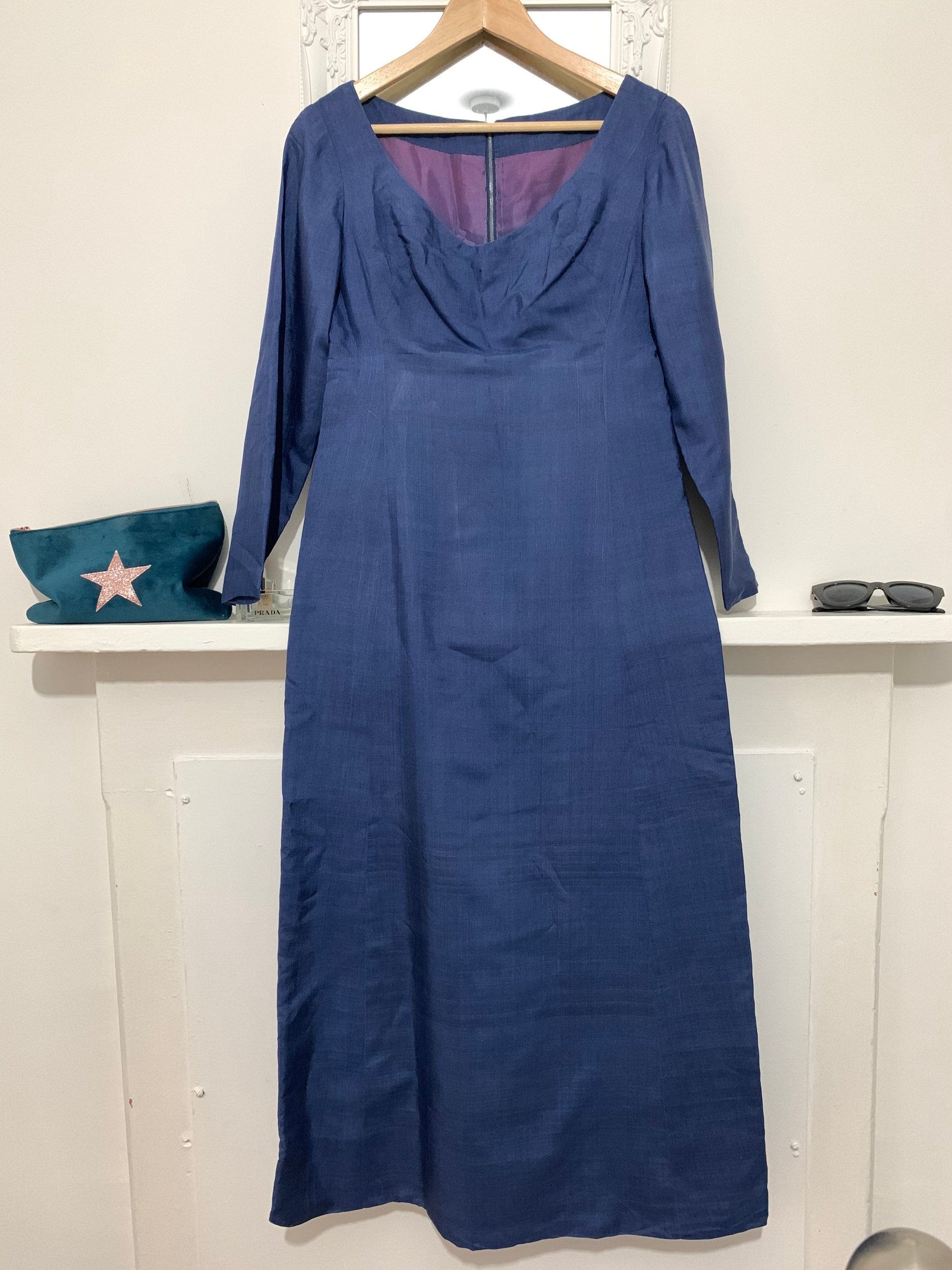 1960s Column Dress Blue Silk - Mary Fair of Baker Street, London