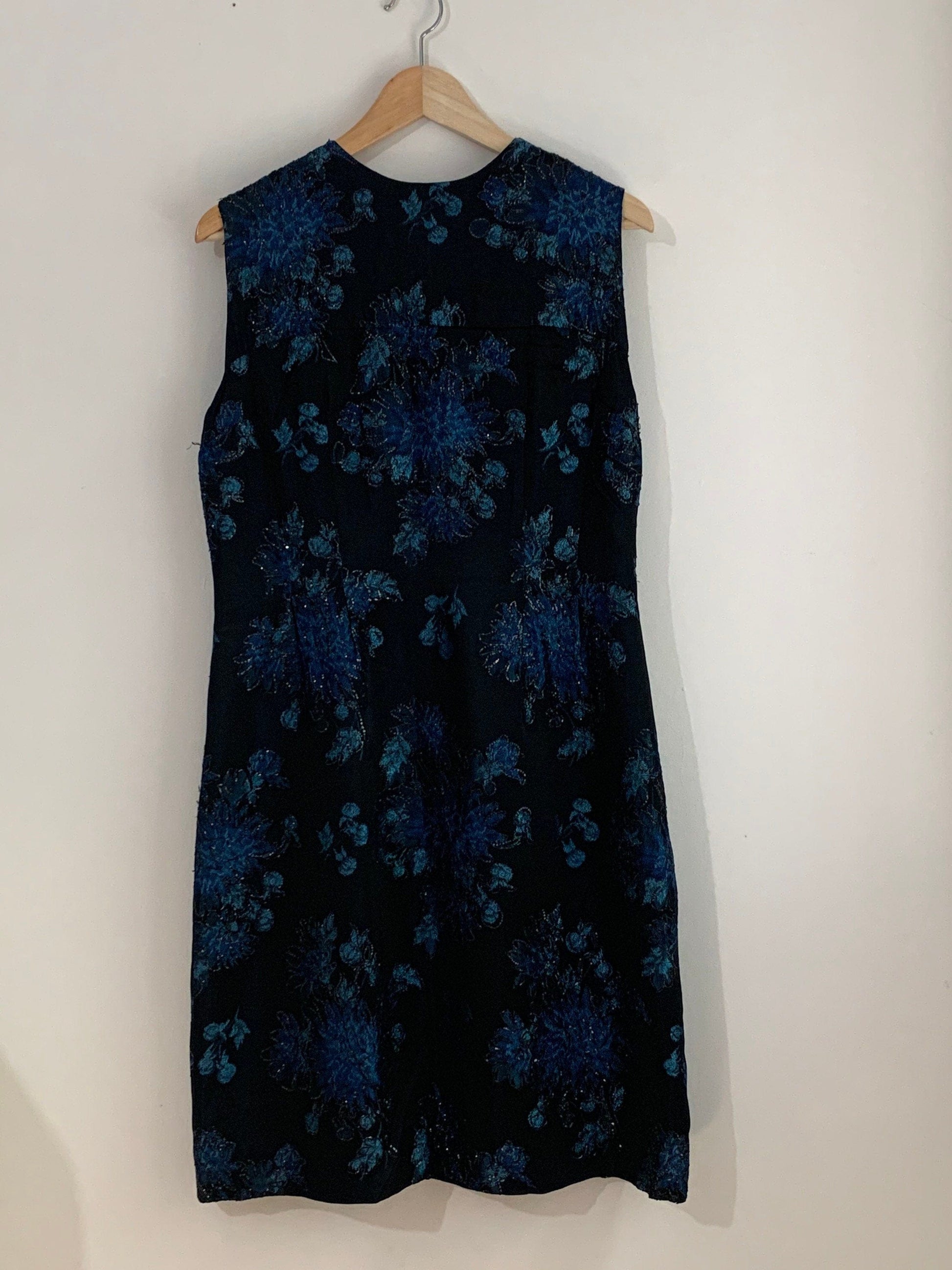 1960s vintage Dress Blue Black sparkle Brocade Floral Mini Dress - Sleeveless Handmade