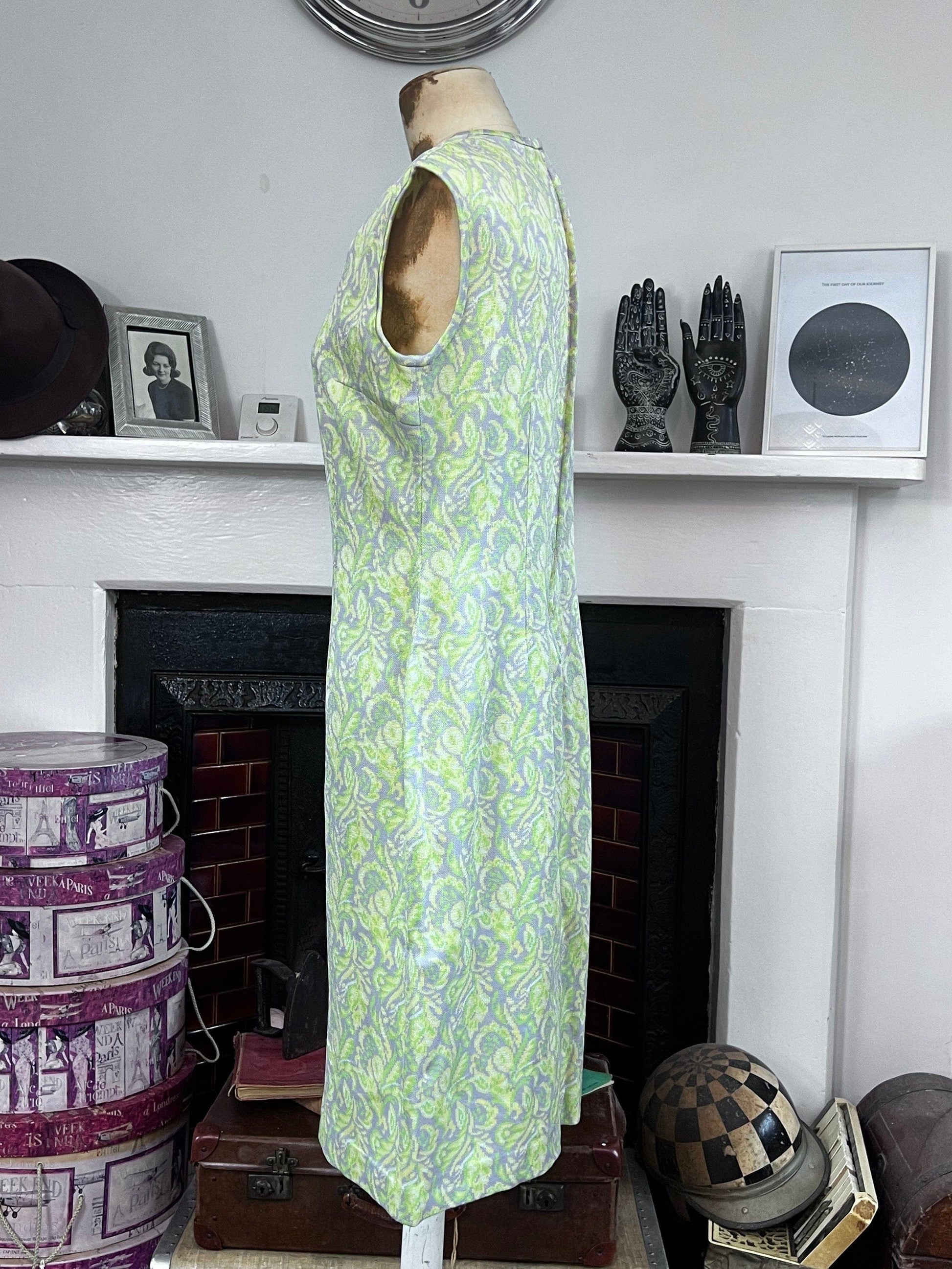 1960s vintage Dress Green Purple Floral Mini Dress - Sleeveless Handmade, cut out teardrop neckline, vintage dress, 1970s mini dress, mini