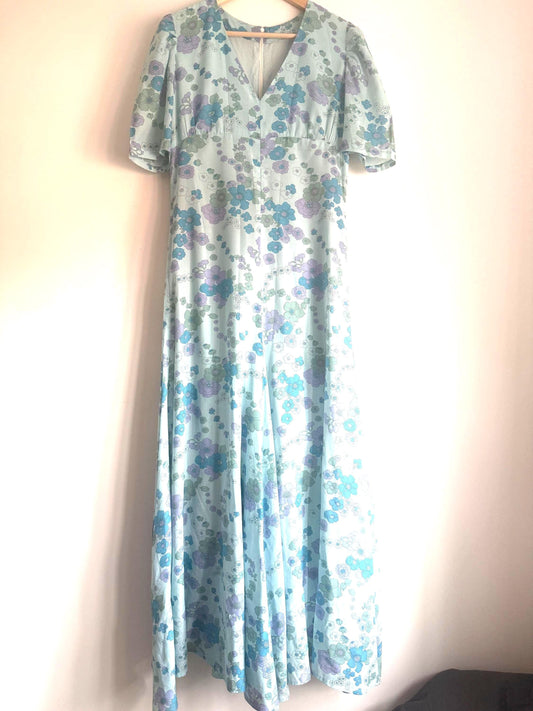 1970s Aqua Blue Floral Maxi Dress, Empire Line Puff Sleeves, Boho Wedding Gown
