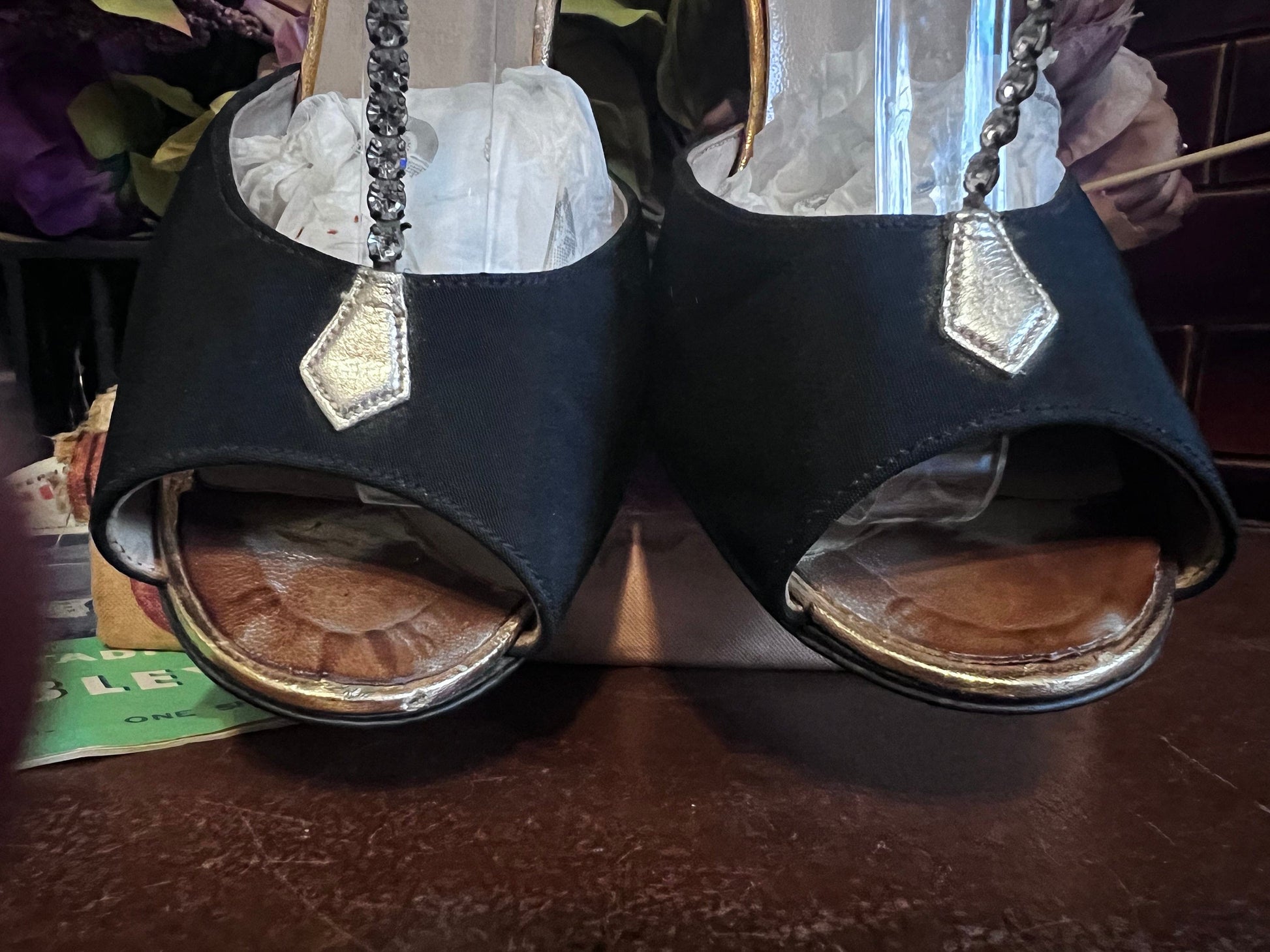 1970s Black Sateen and Diamanté Terry De Havilland shoes - Great Conditon, Terry De Havilland, 70s Shoes, 1970s shoes, disco shoes,