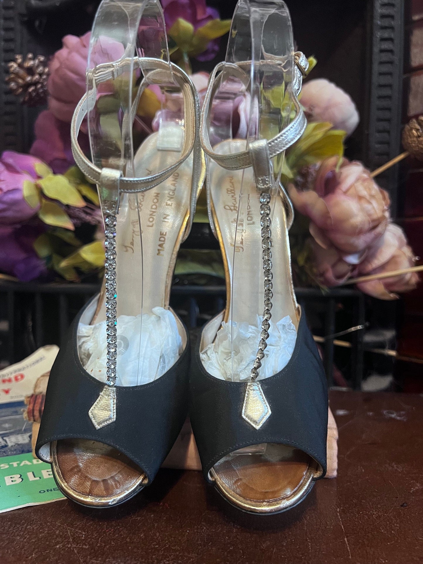 1970s Black Sateen and Diamanté Terry De Havilland shoes - Great Conditon, Terry De Havilland, 70s Shoes, 1970s shoes, disco shoes,