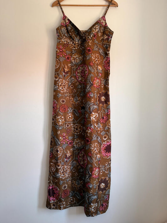 1970s Brown Floral Maxi Dress | Boho Spaghetti Strap Prairie Sundress