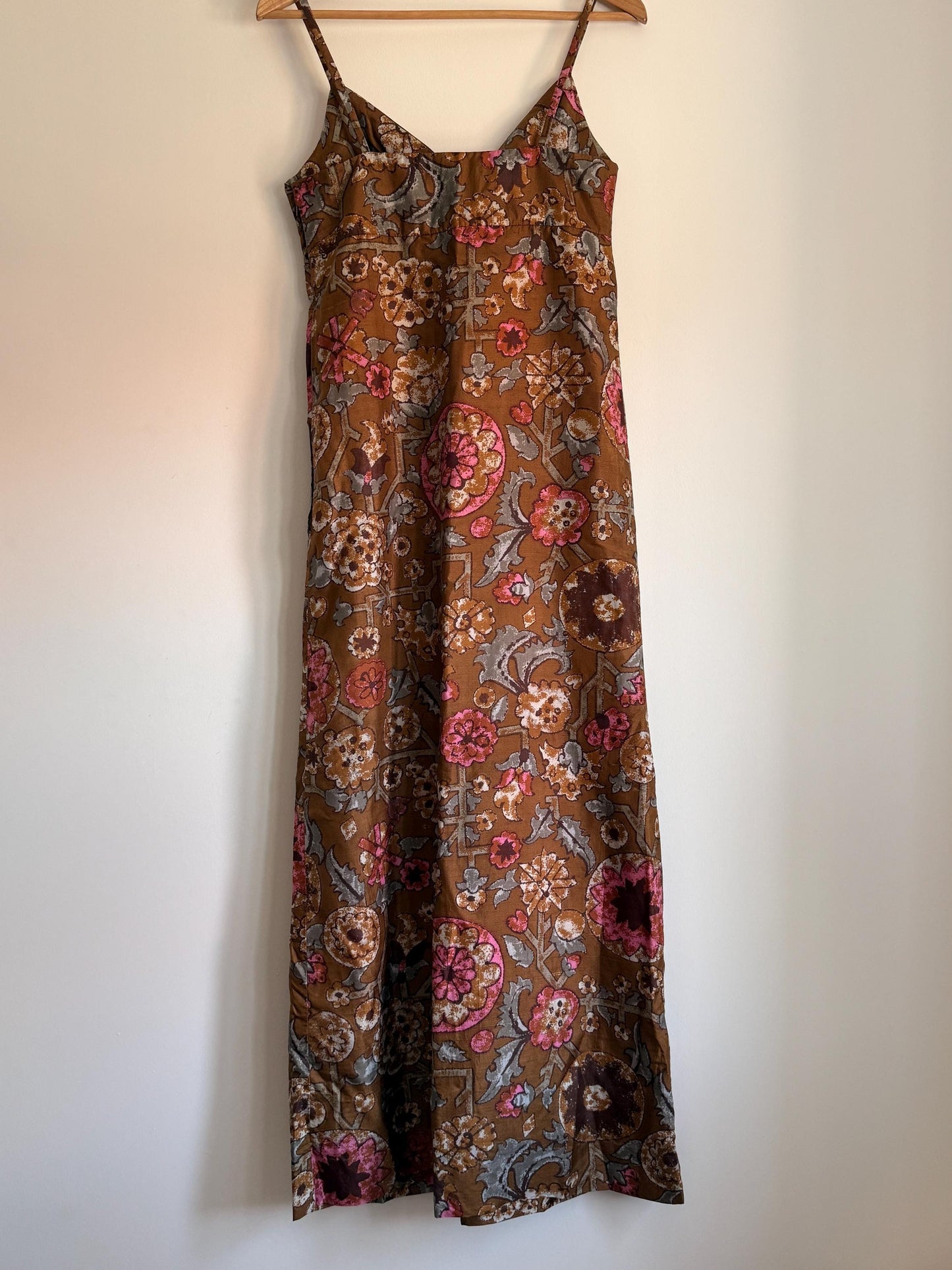 1970s Brown Floral Maxi Dress | Boho Spaghetti Strap Prairie Sundress