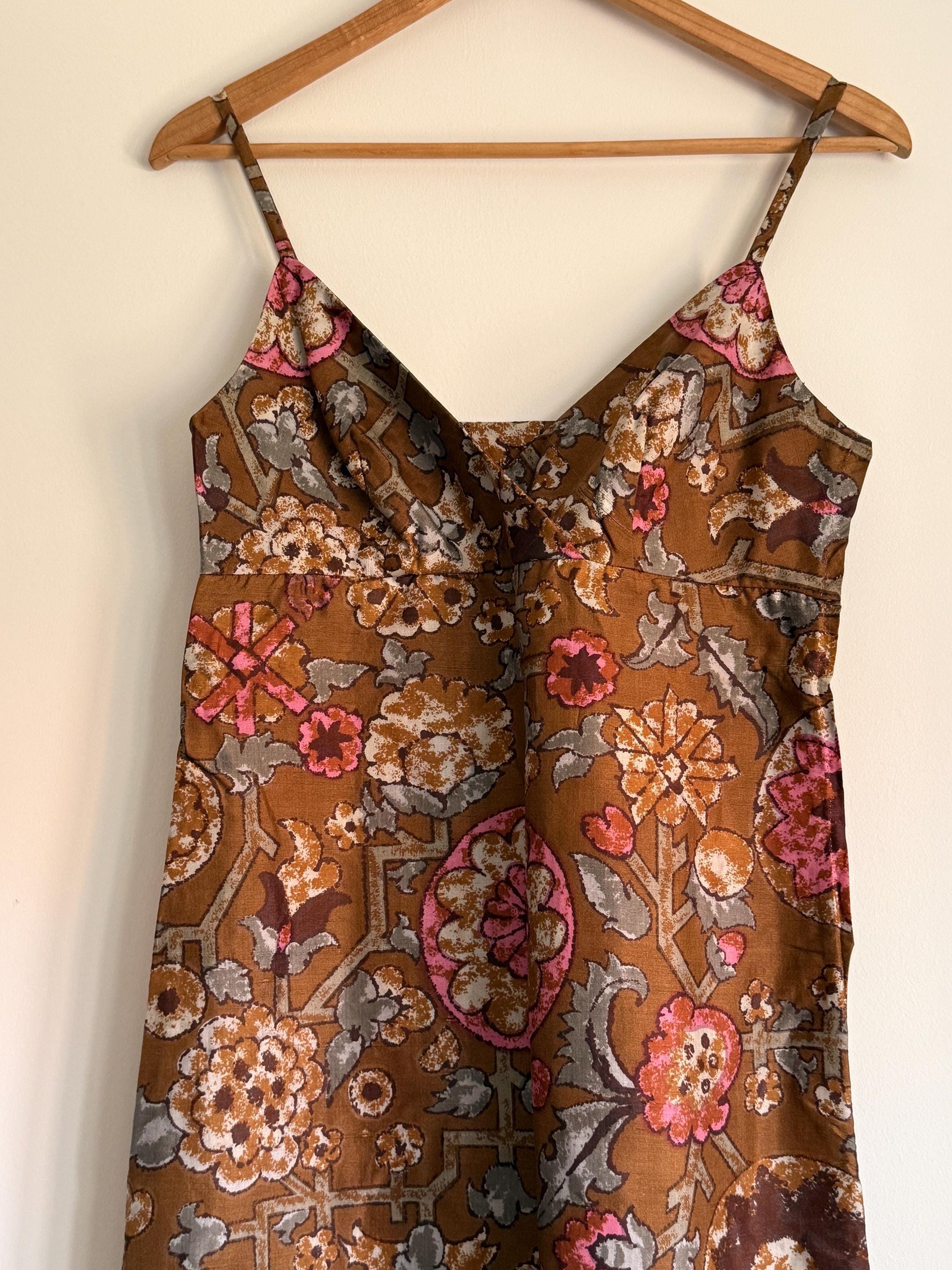 1970s Brown Floral Maxi Dress | Boho Spaghetti Strap Prairie Sundress