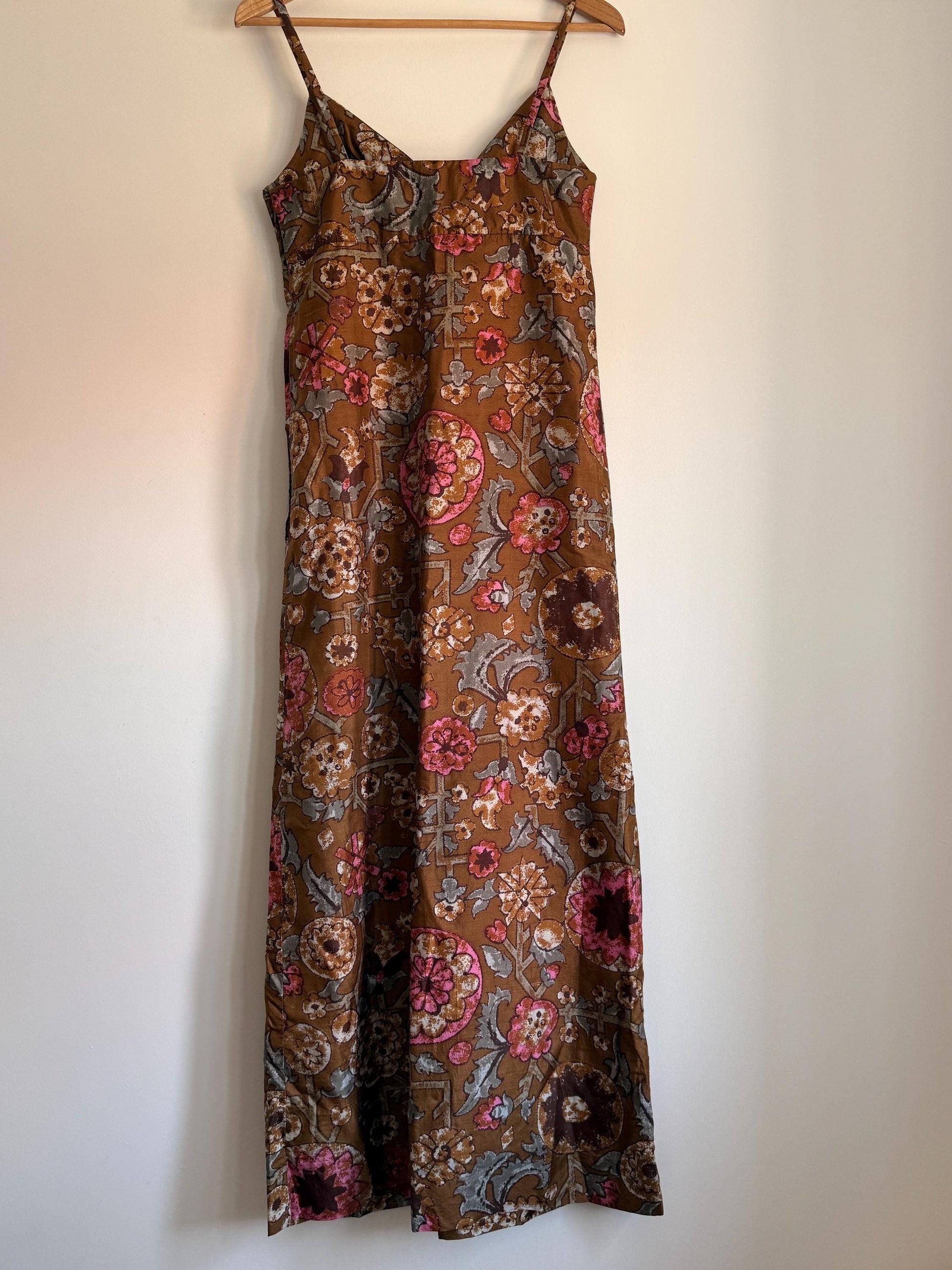 1970s Brown Floral Maxi Dress | Boho Spaghetti Strap Prairie Sundress