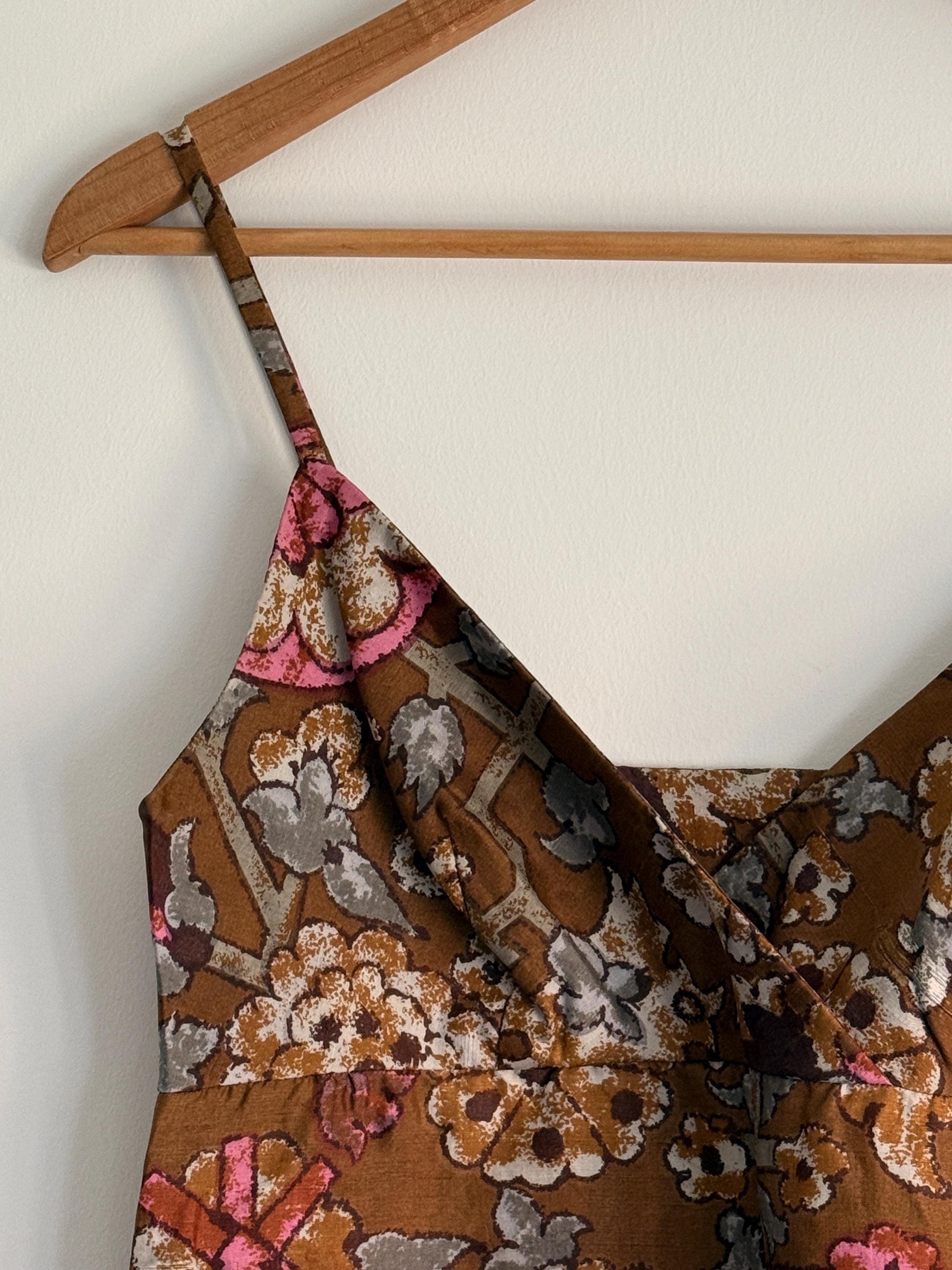 1970s Brown Floral Maxi Dress | Boho Spaghetti Strap Prairie Sundress
