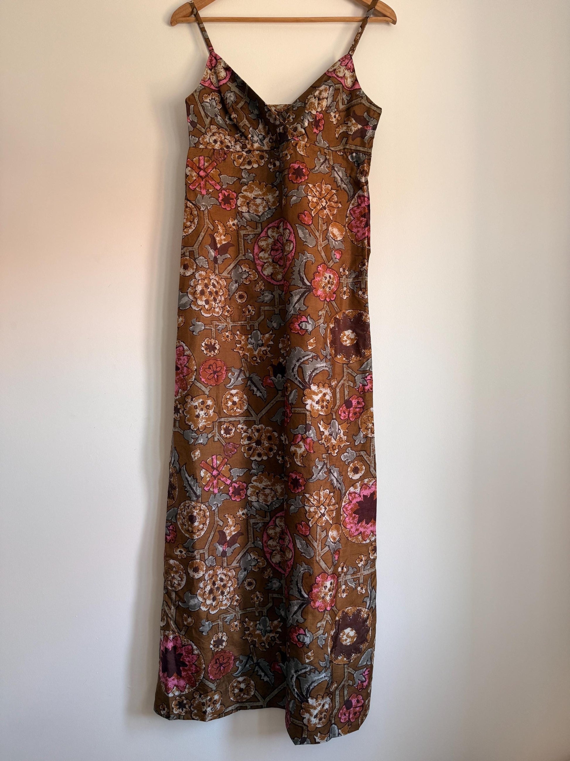 1970s Brown Floral Maxi Dress | Boho Spaghetti Strap Prairie Sundress