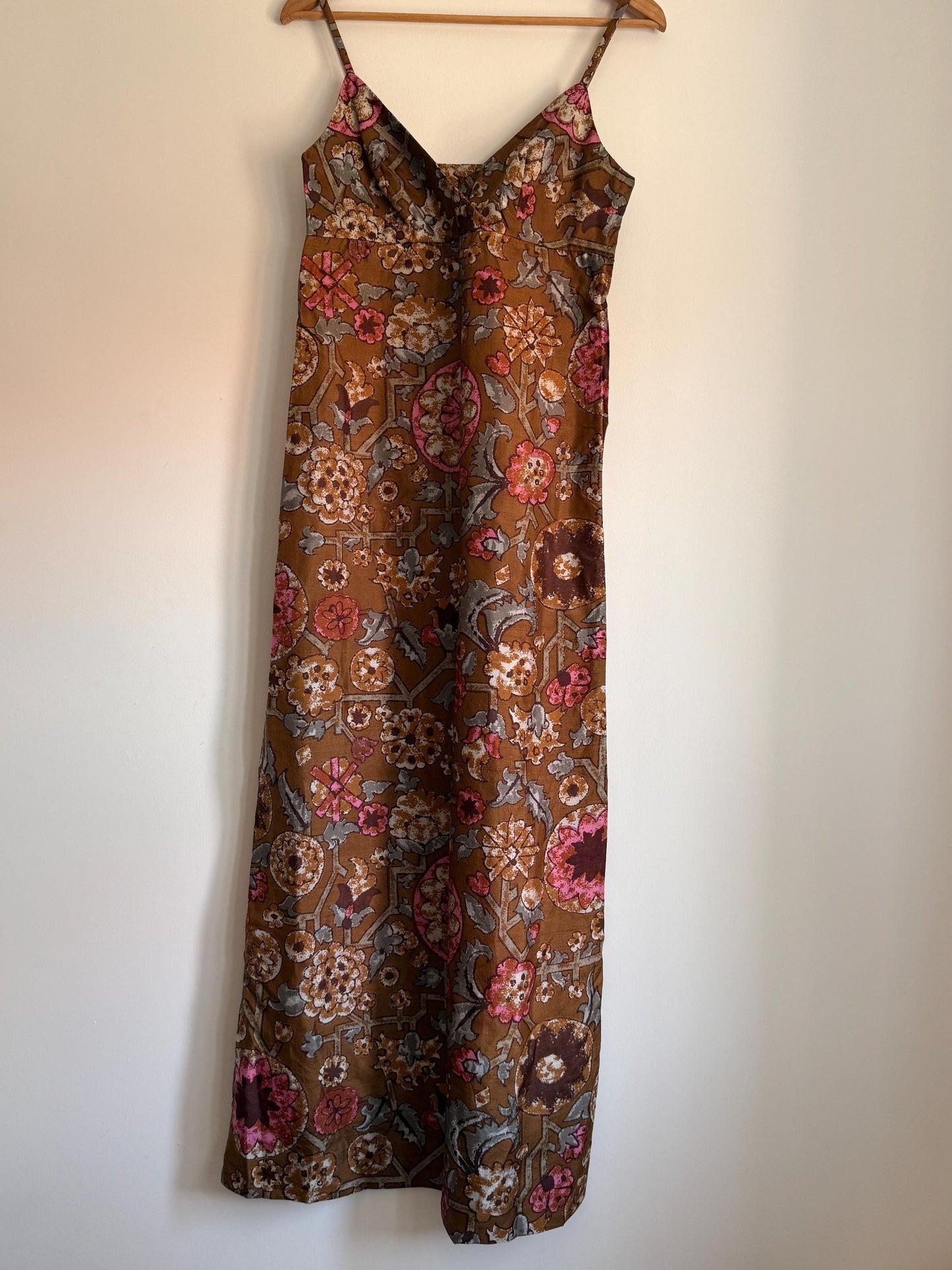1970s Brown Floral Maxi Dress | Boho Spaghetti Strap Prairie Sundress