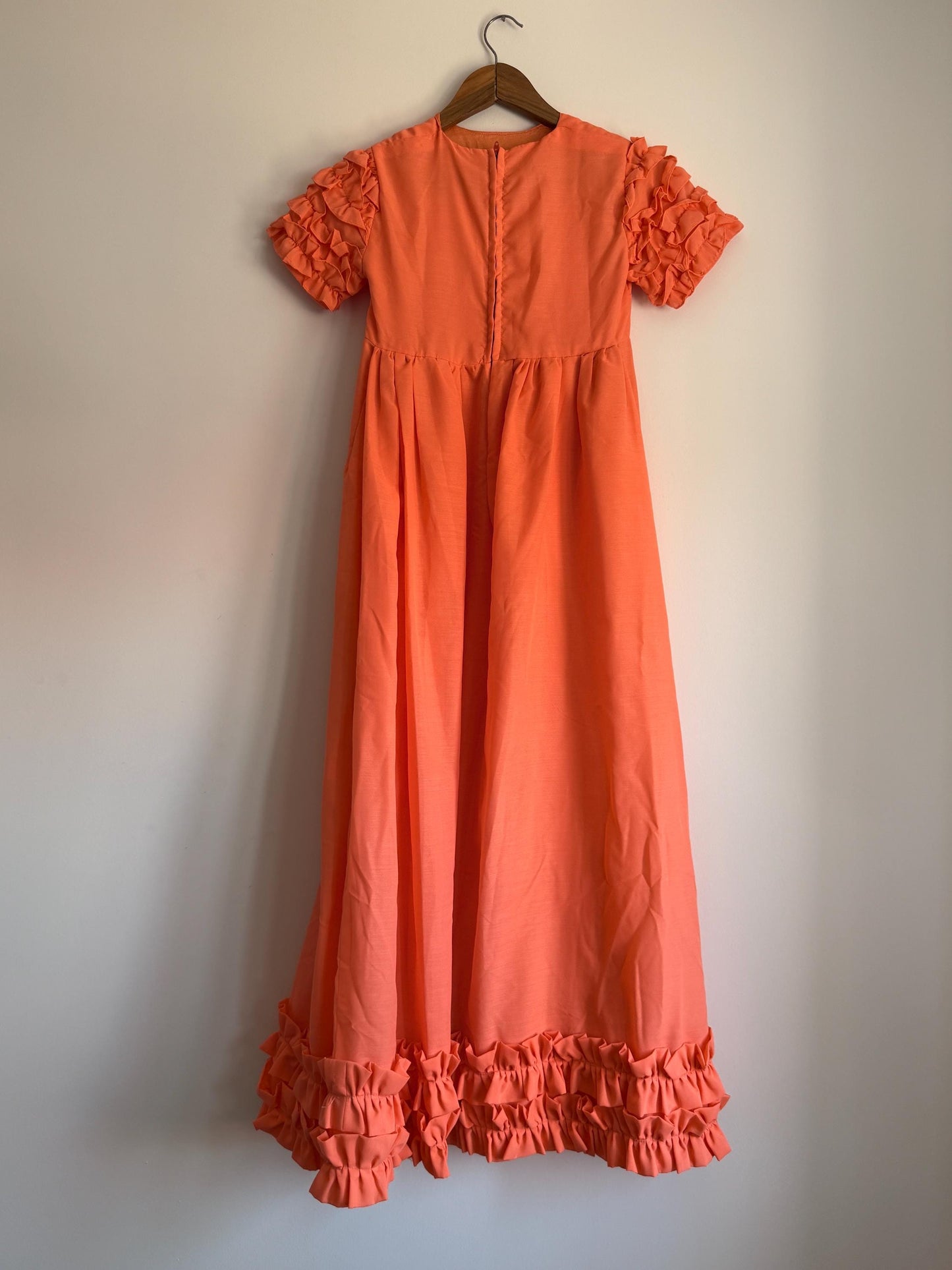 1970s Coral Maxi Dress | Ruffle Sleeve Boho Prairie Occasion Dress