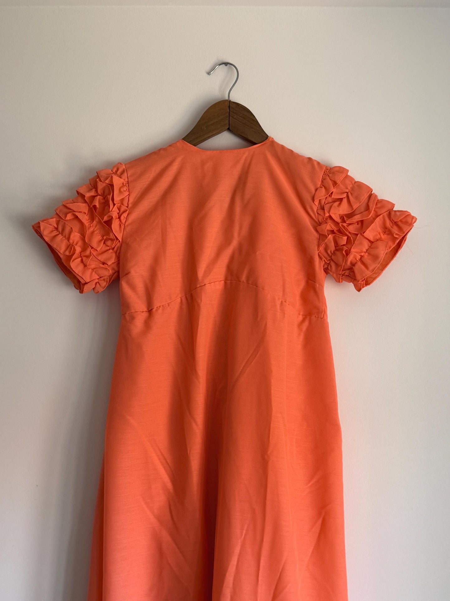 1970s Coral Maxi Dress | Ruffle Sleeve Boho Prairie Occasion Dress