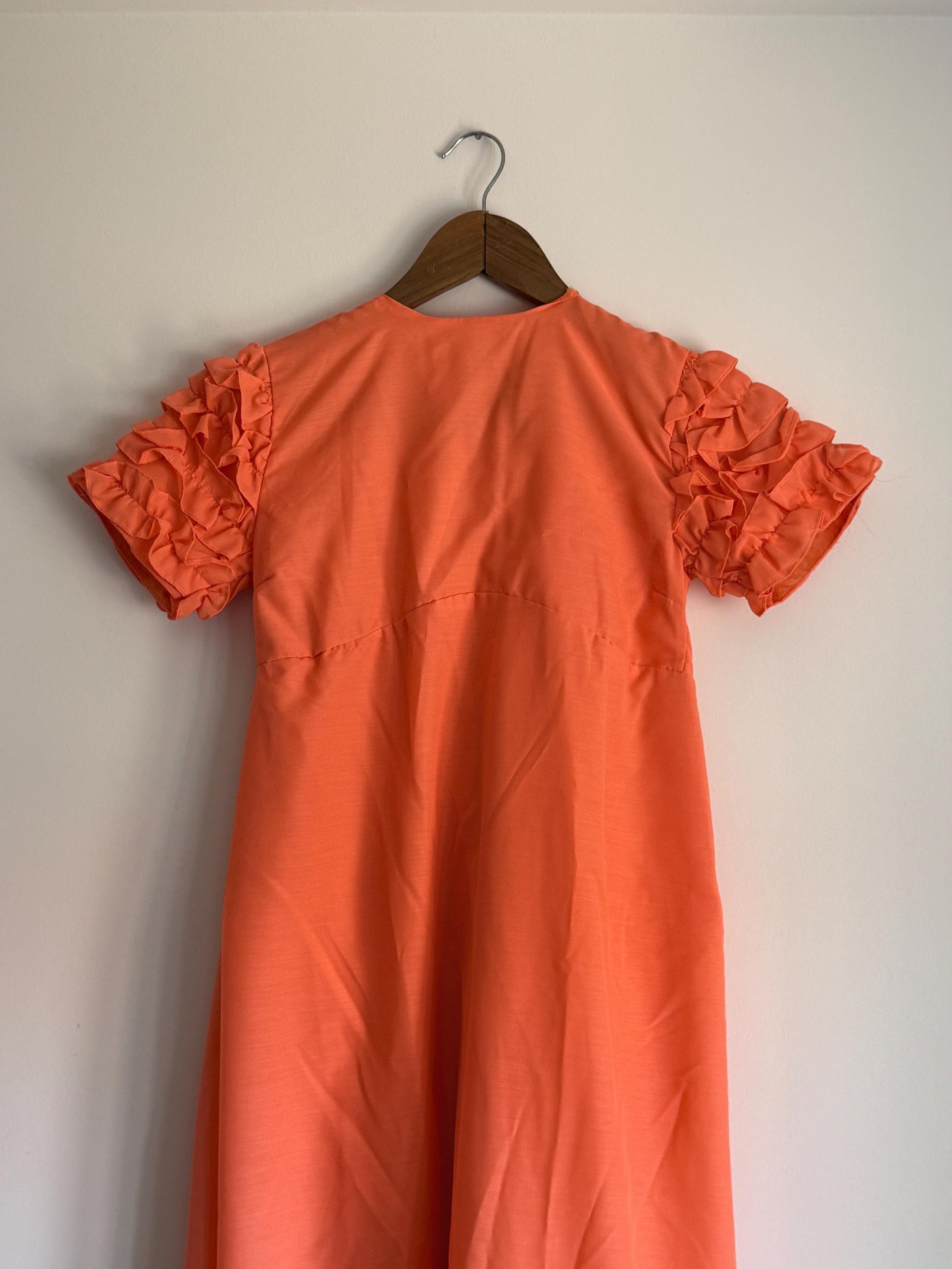 1970s Coral Maxi Dress | Ruffle Sleeve Boho Prairie Occasion Dress