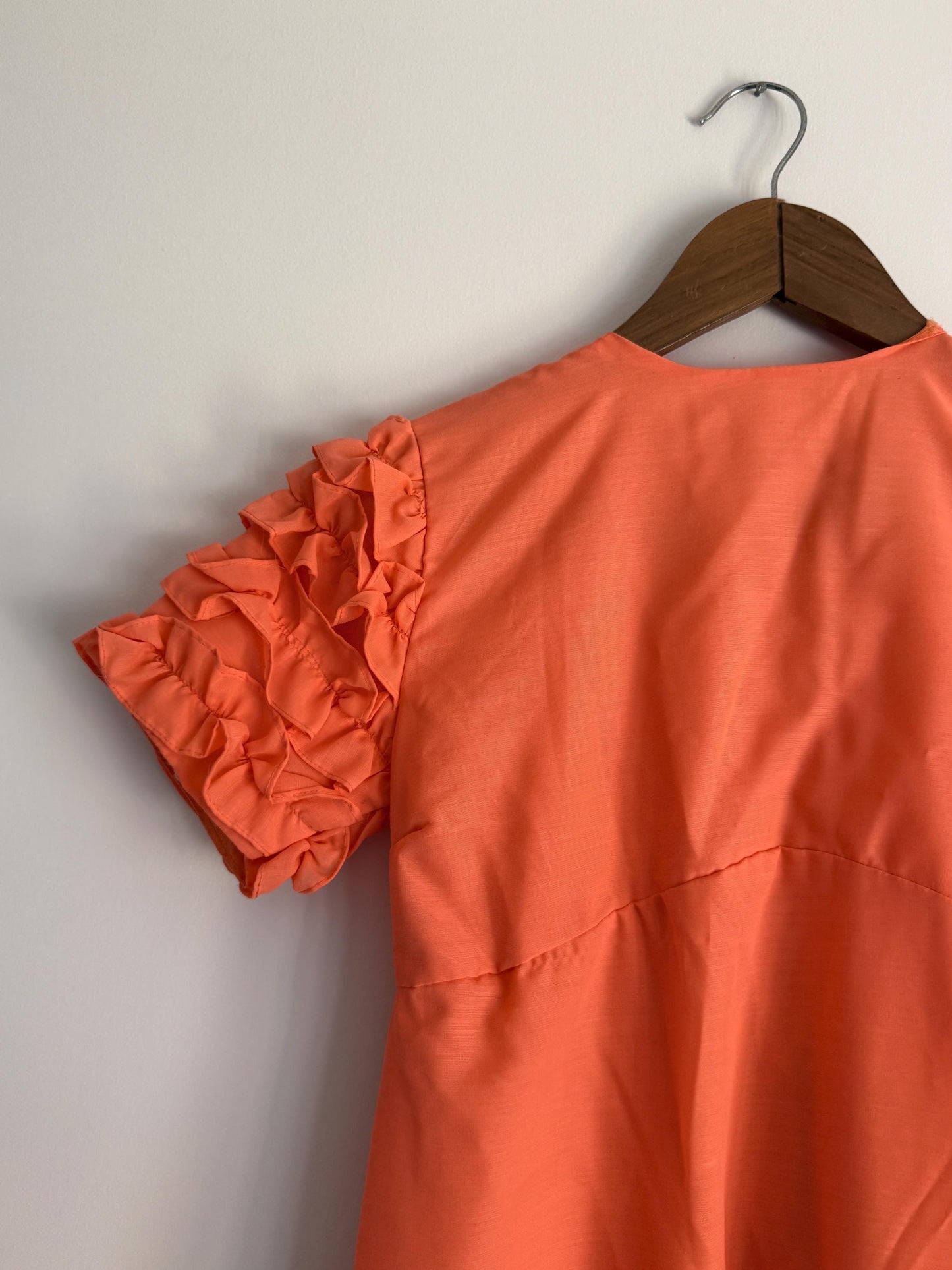 1970s Coral Maxi Dress | Ruffle Sleeve Boho Prairie Occasion Dress