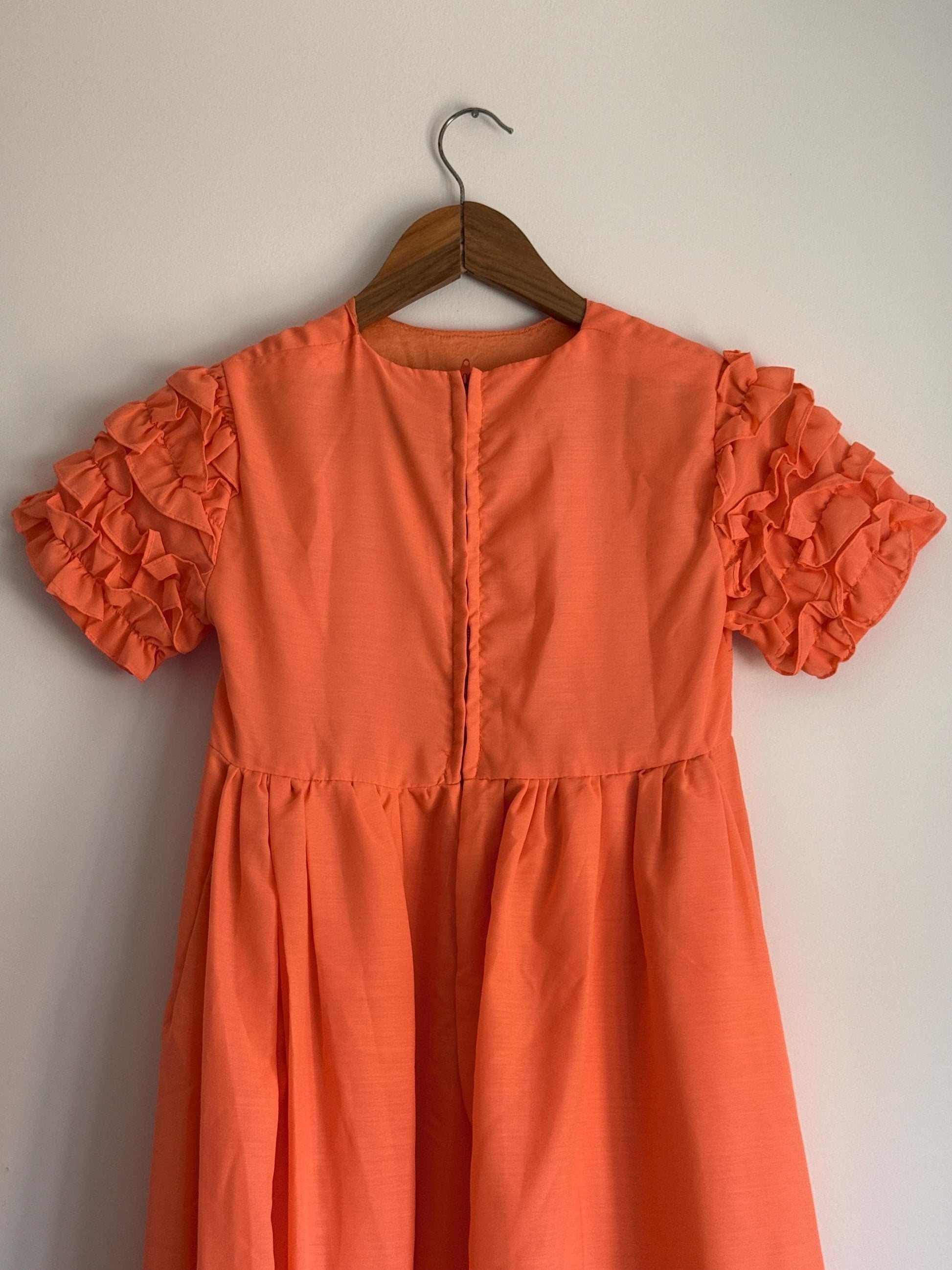 1970s Coral Maxi Dress | Ruffle Sleeve Boho Prairie Occasion Dress