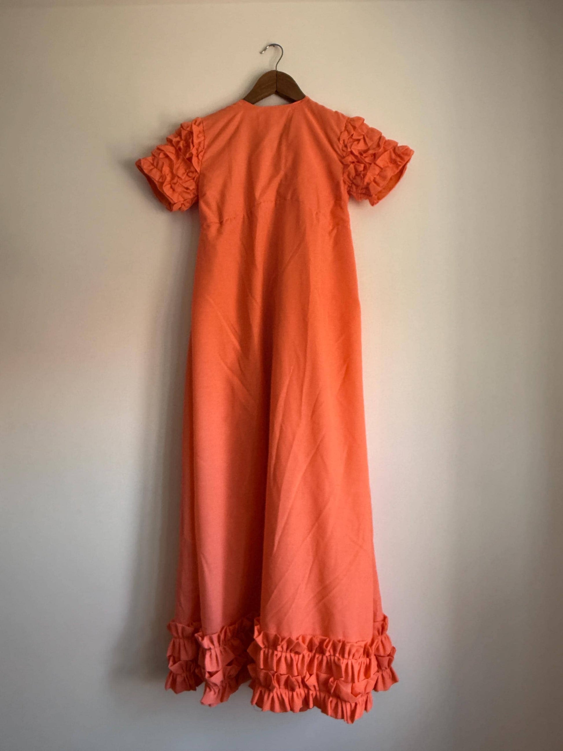 1970s Coral Maxi Dress | Ruffle Sleeve Boho Prairie Occasion Dress
