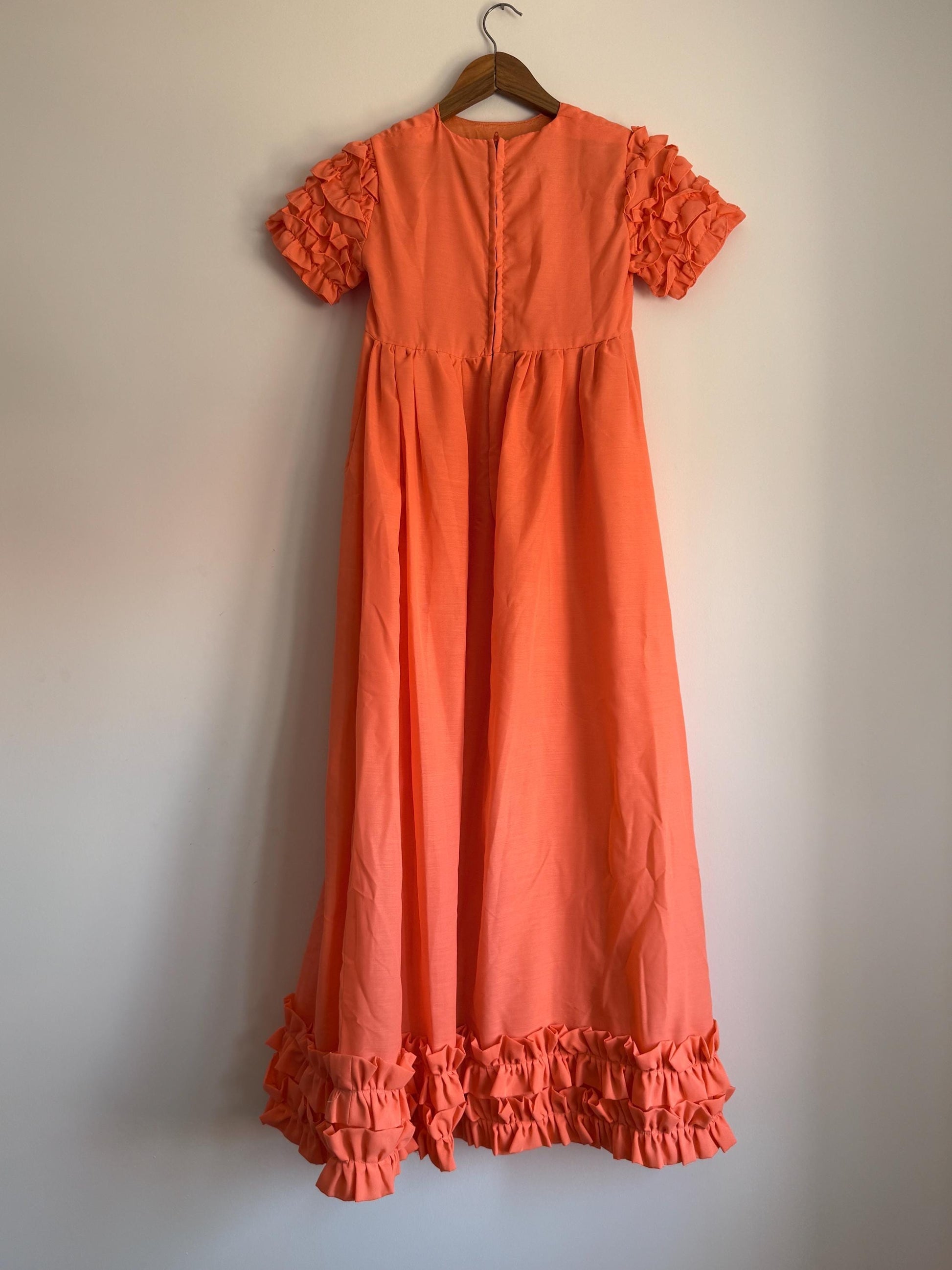 1970s Coral Maxi Dress | Ruffle Sleeve Boho Prairie Occasion Dress