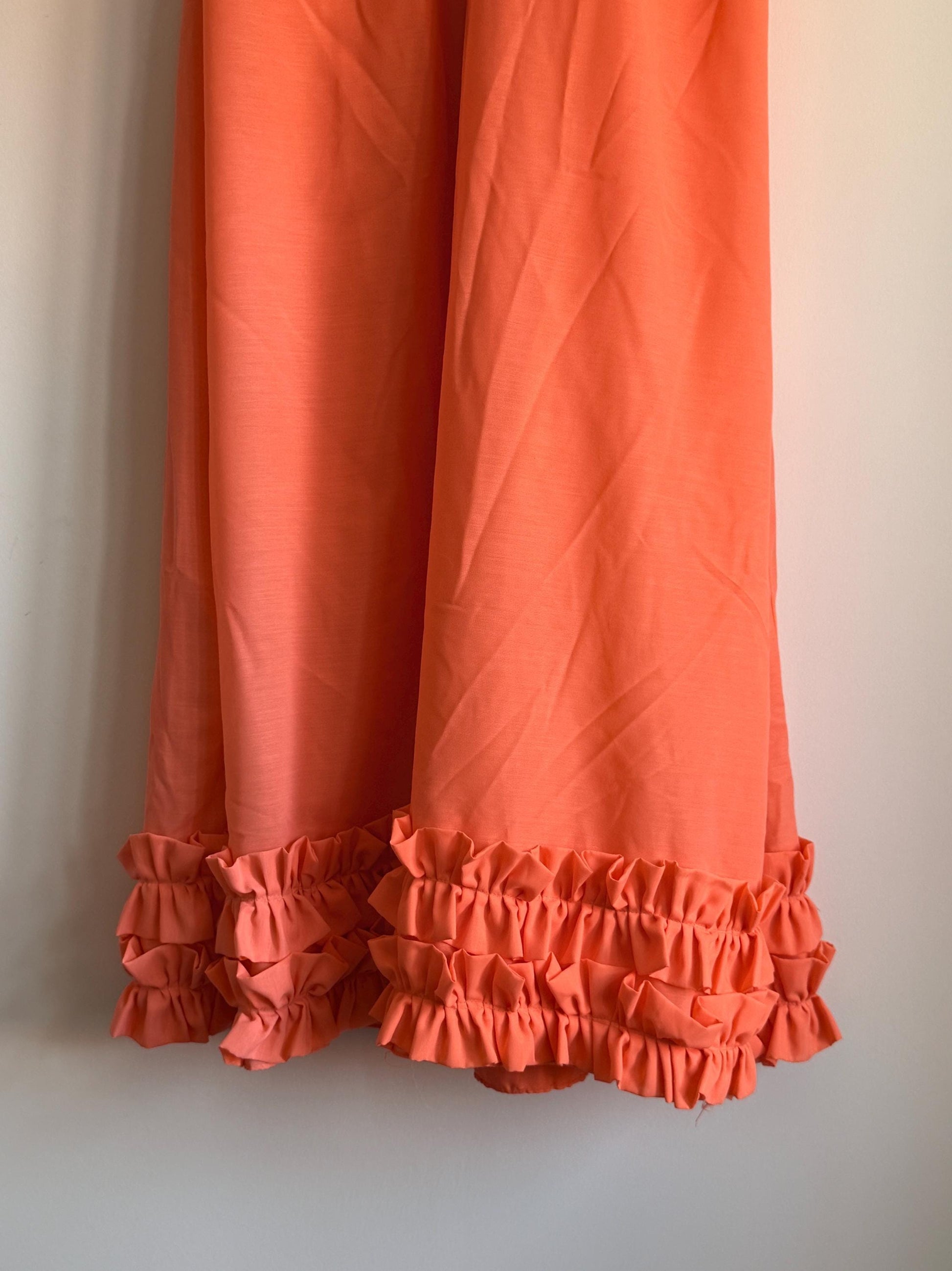 1970s Coral Maxi Dress | Ruffle Sleeve Boho Prairie Occasion Dress