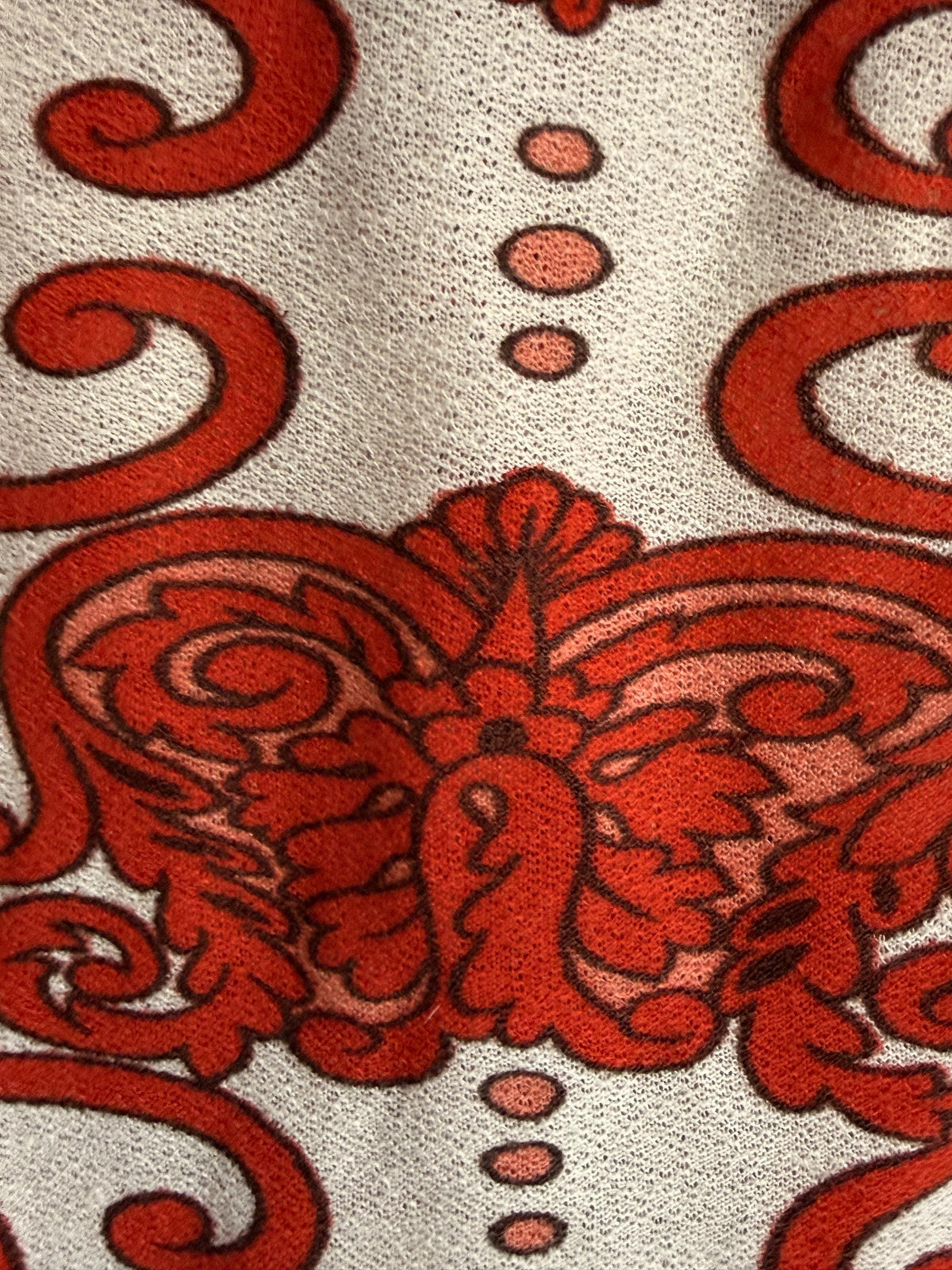 1970s Floral Print Blouse, Red Cream Psychedelic Top, Pointed Collar Long Sleeve