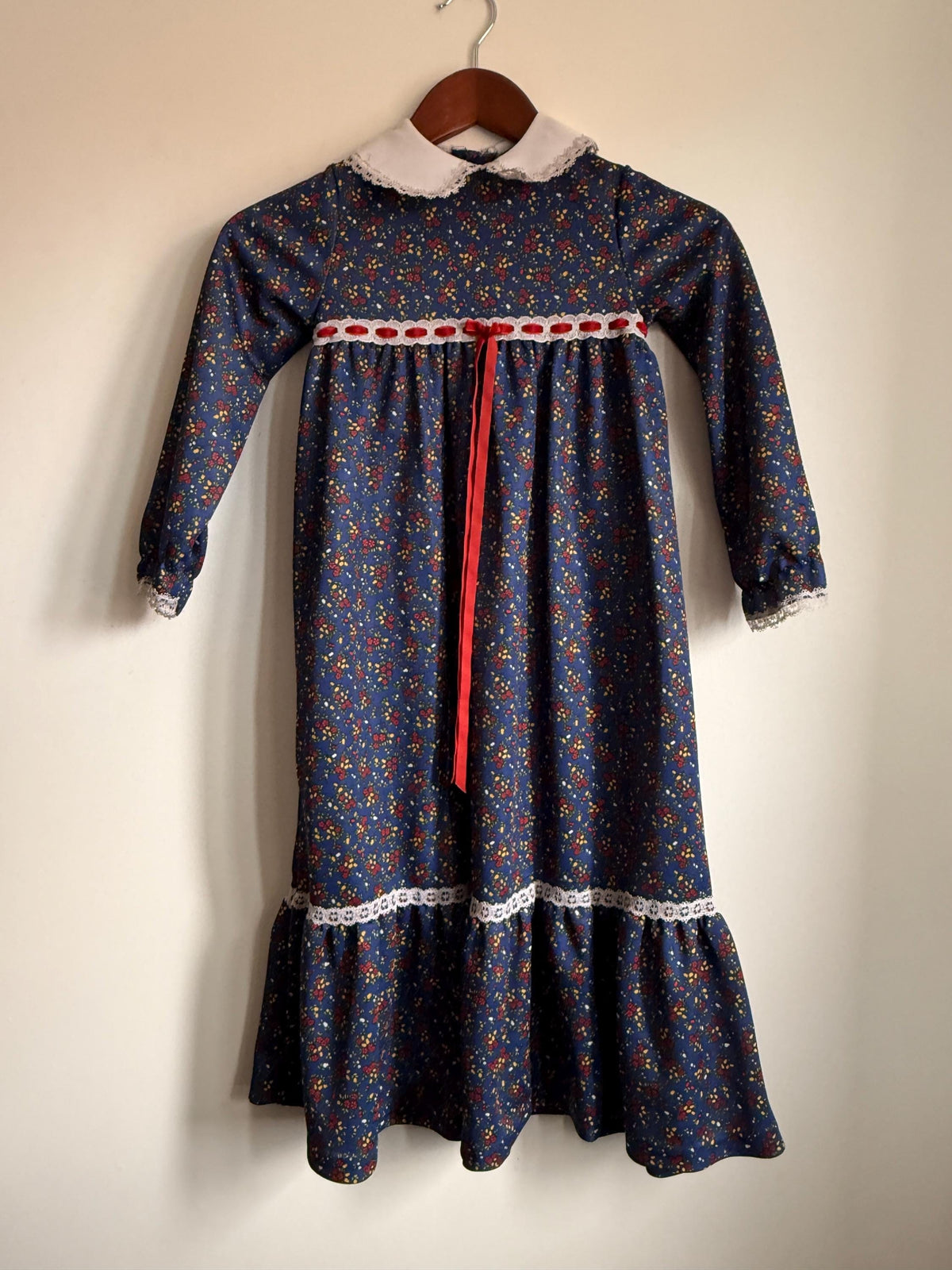 Vintage 1970s Girls Prairie Maxi Dress | Blue Floral Lace Trim Children's Dress | Folk Cottagecore Age 8