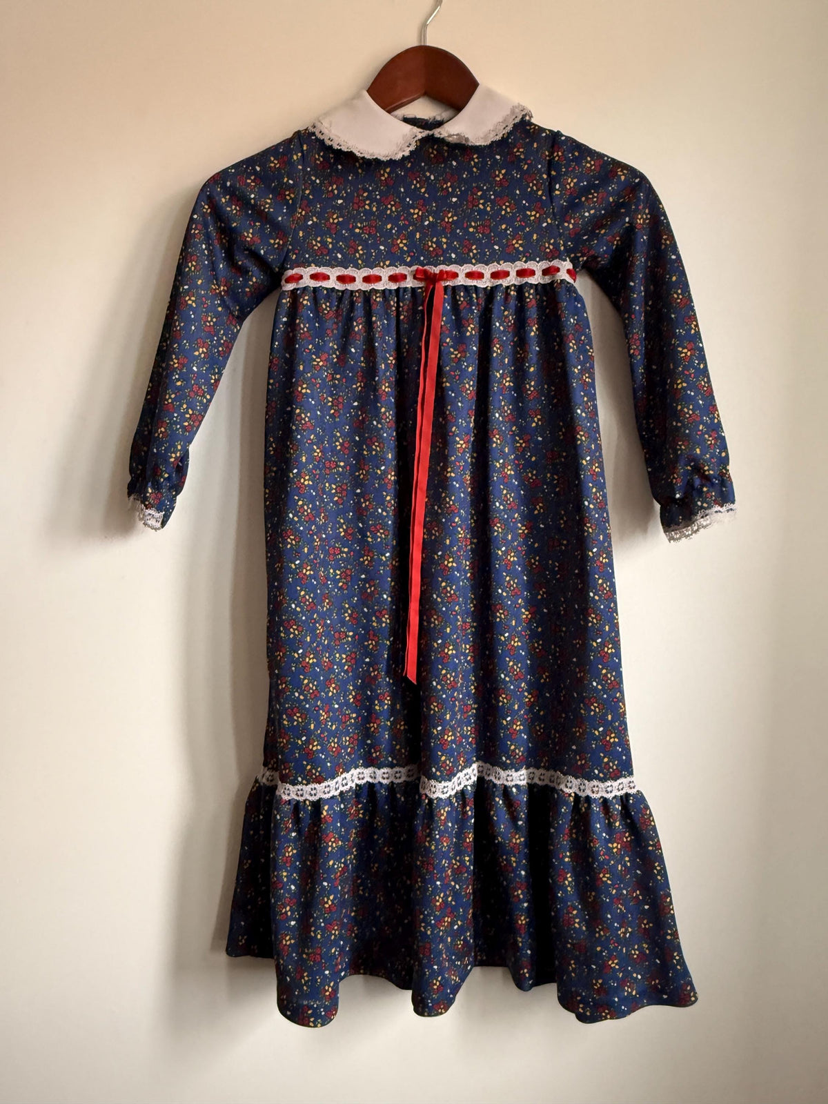 Vintage 1970s Girls Prairie Maxi Dress | Blue Floral Lace Trim Children's Dress | Folk Cottagecore Age 8