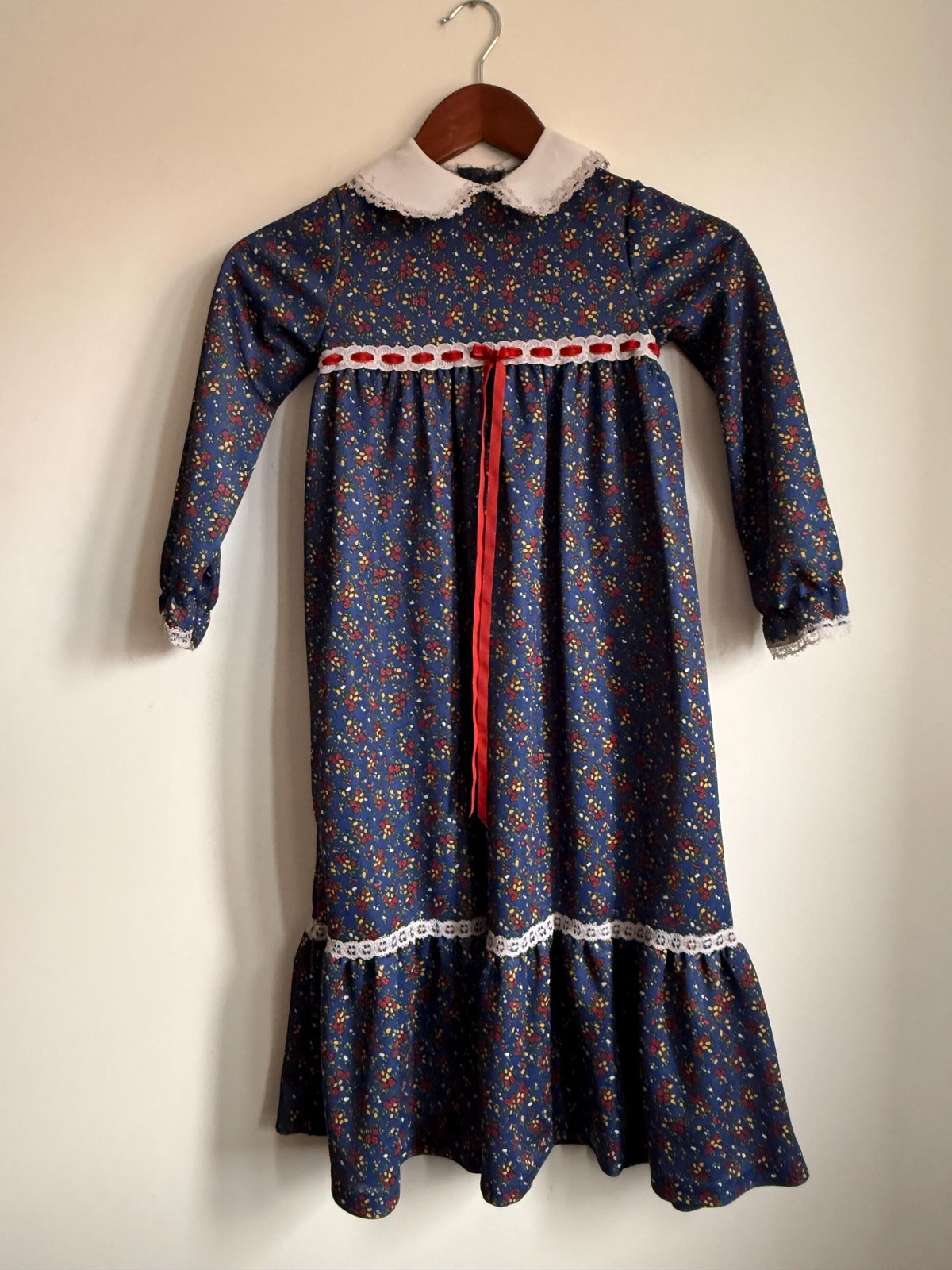 Vintage 1970s Girls Prairie Maxi Dress | Blue Floral Lace Trim Children's Dress | Folk Cottagecore Age 8