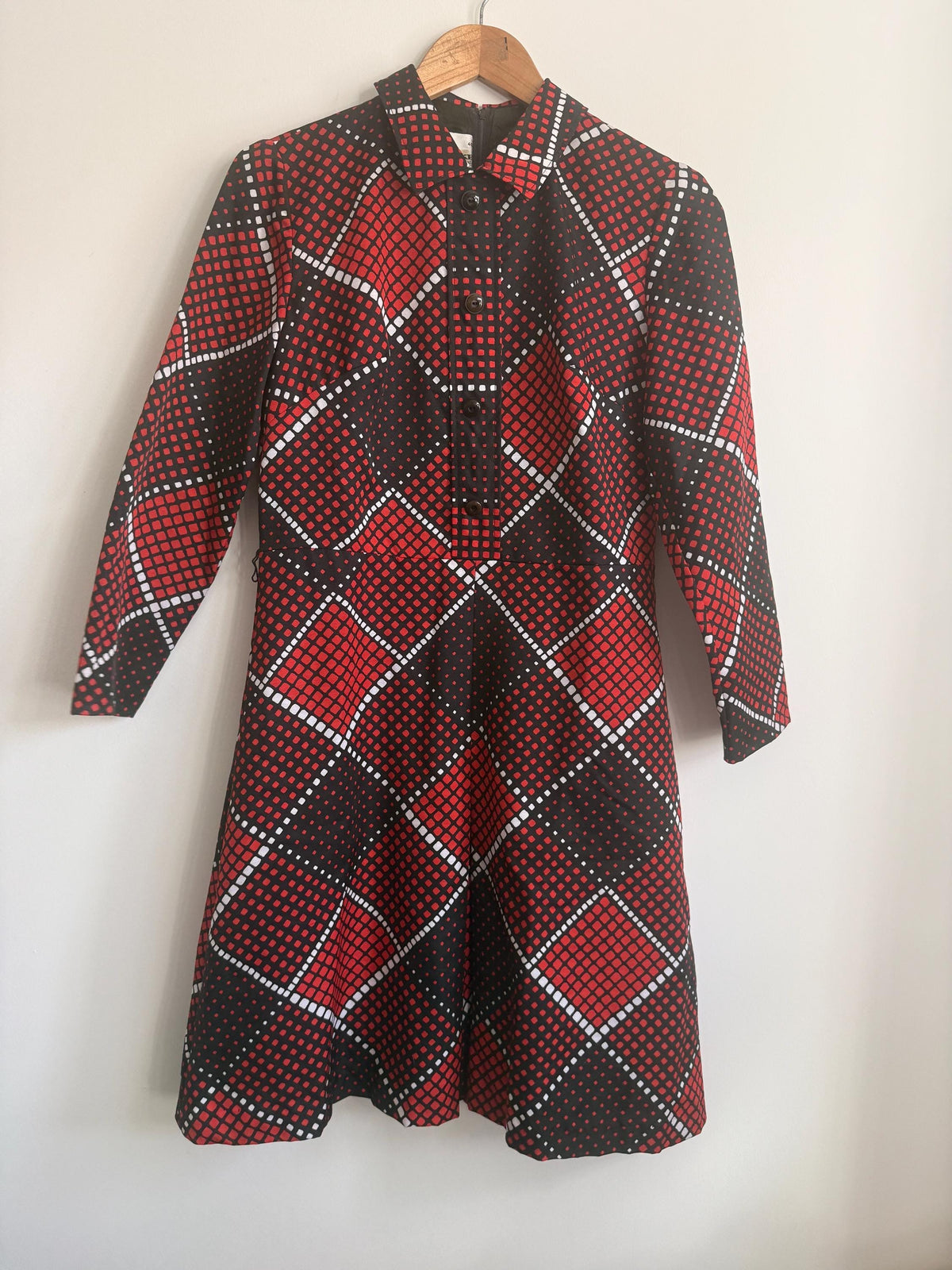 Vintage 1970s Hucke Mod Dress | Red Black Geometric Print Dress | Long Sleeve Shirt Dress | Retro Mini Dress | German Vintage | UK 10