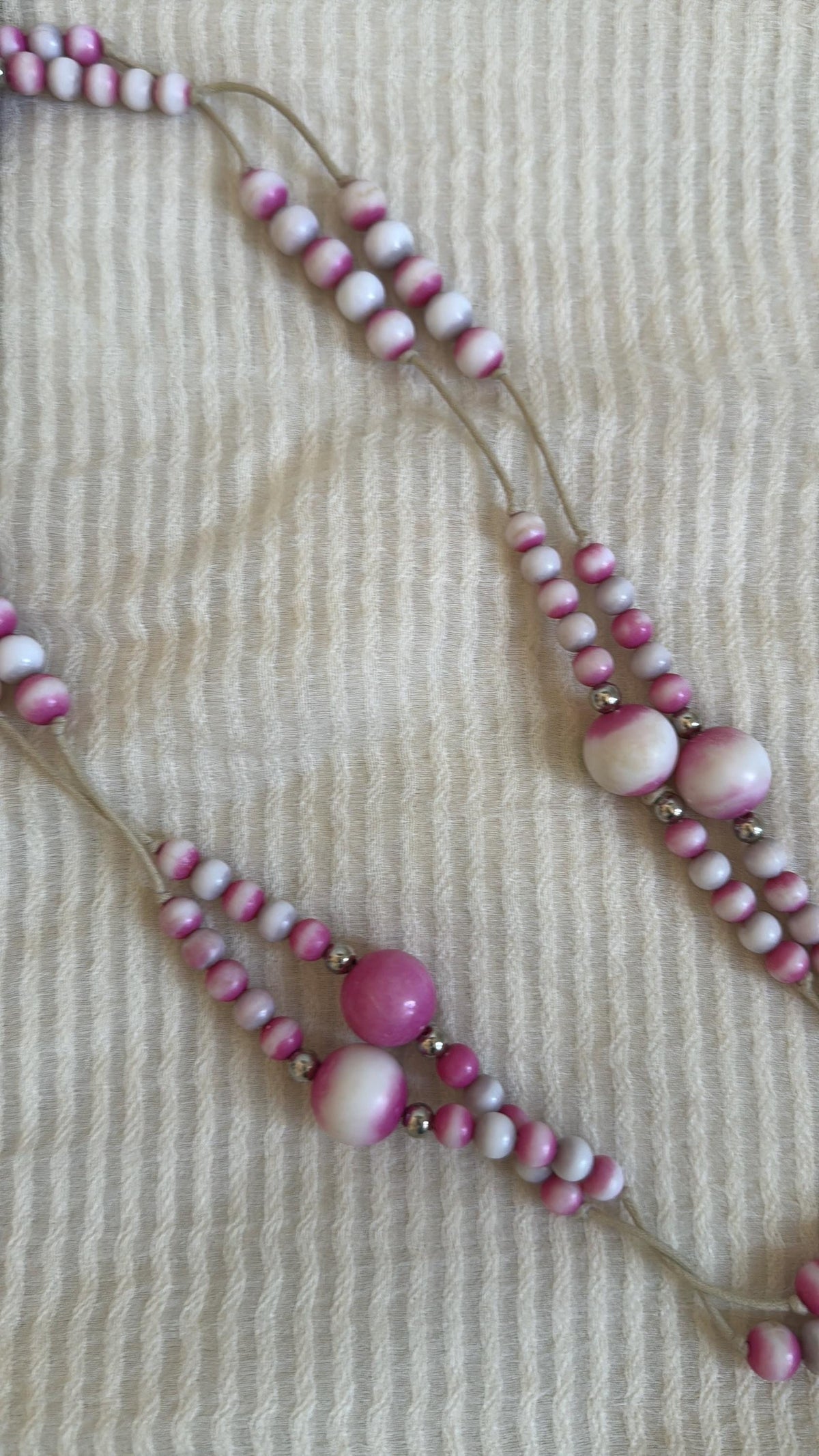 Vintage 1970s Pink and White Bead Necklace, Hand Tied Wooden Beads, Long Boho Sautoir, 27 Inch Drop Statement Necklace