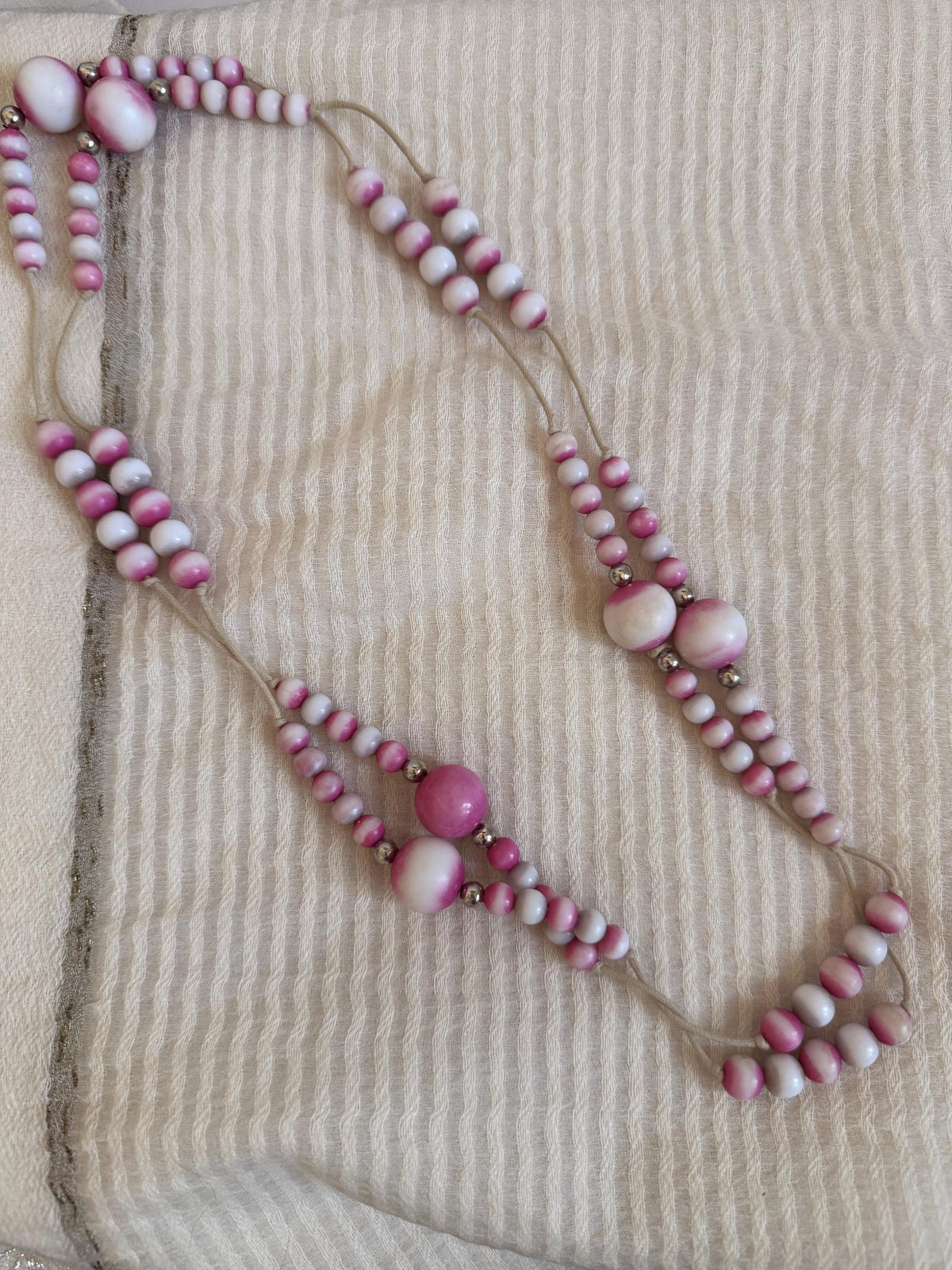 Vintage 1970s Pink and White Bead Necklace, Hand Tied Wooden Beads, Long Boho Sautoir, 27 Inch Drop Statement Necklace