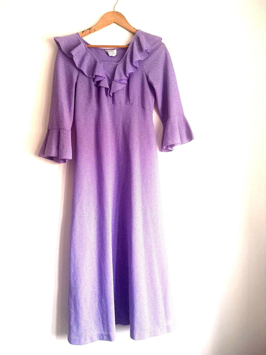 1970s St Michael Lilac Lurex Maxi Dress, Sparkle Ruffle Bell Sleeve Gown
