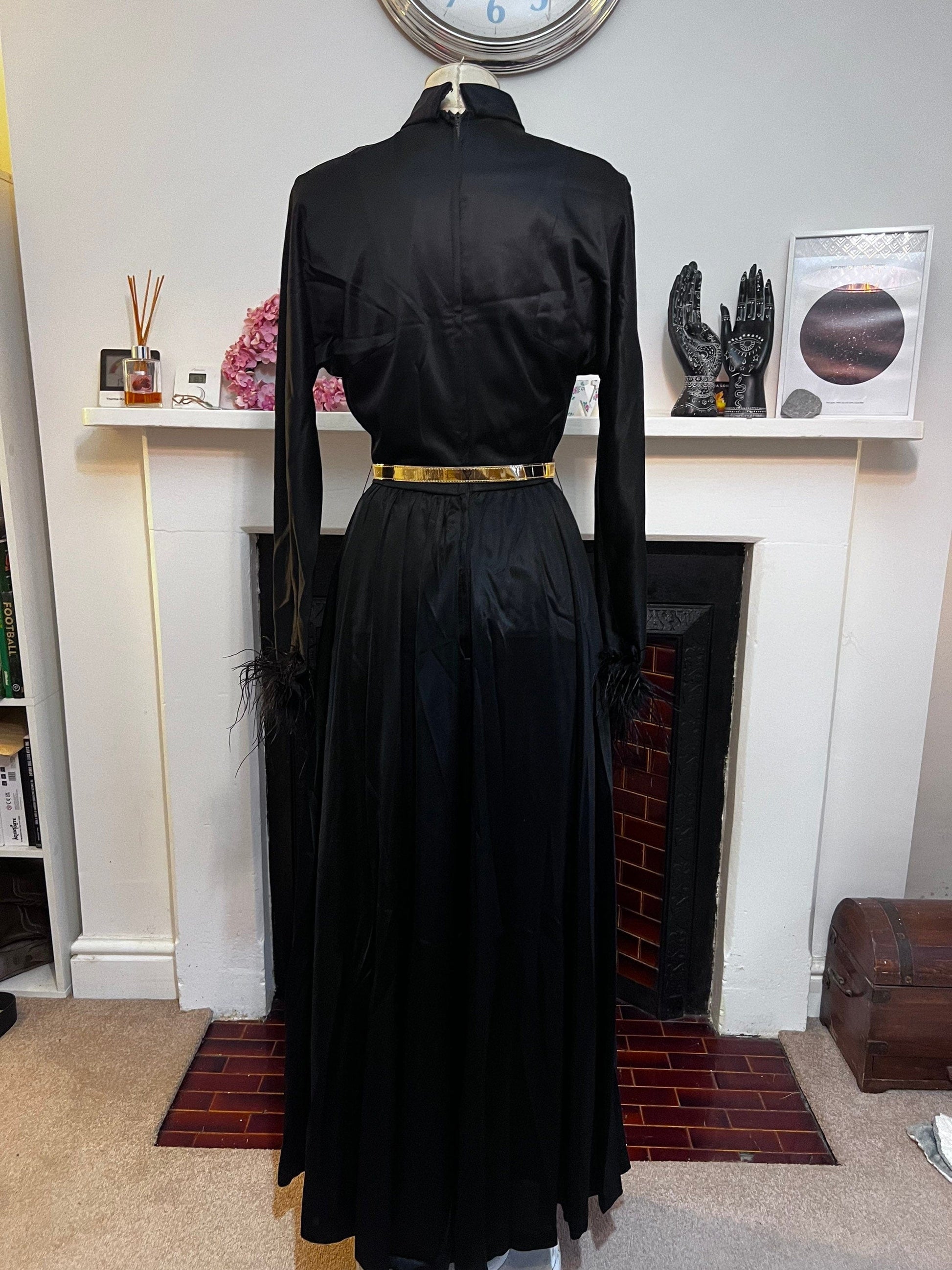 1970s Vintage Dress Black Maxi - John Charles -  Feather Cuffs - with Gold Belt