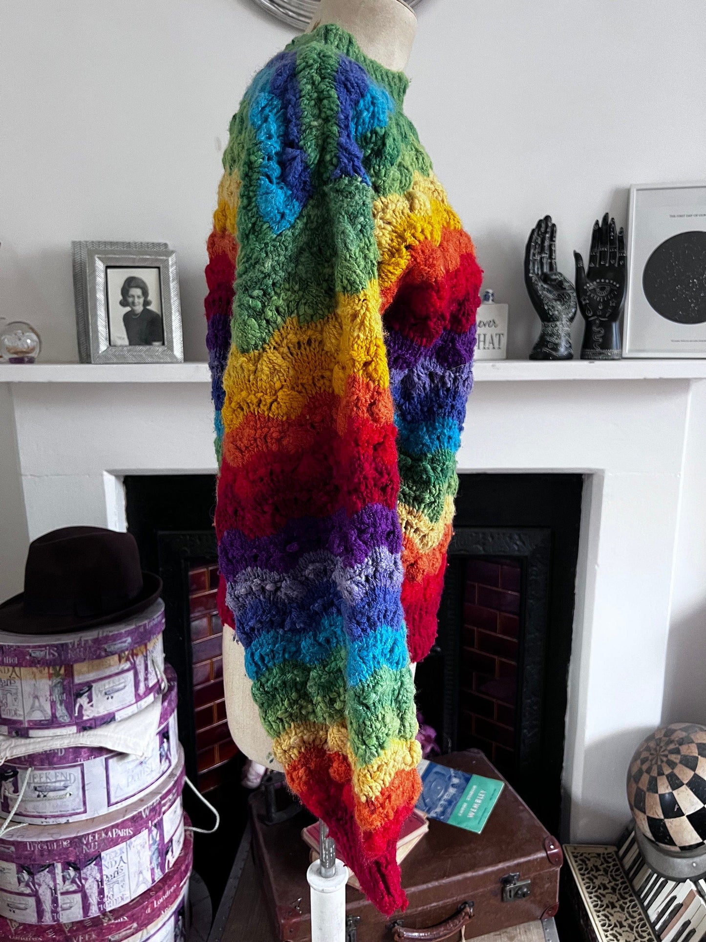 1980s 1990s Hand Knit Rainbow Jumper Balloon Sleeve hand made jumper, rainbow jumper, chunky knit rainbow jumper