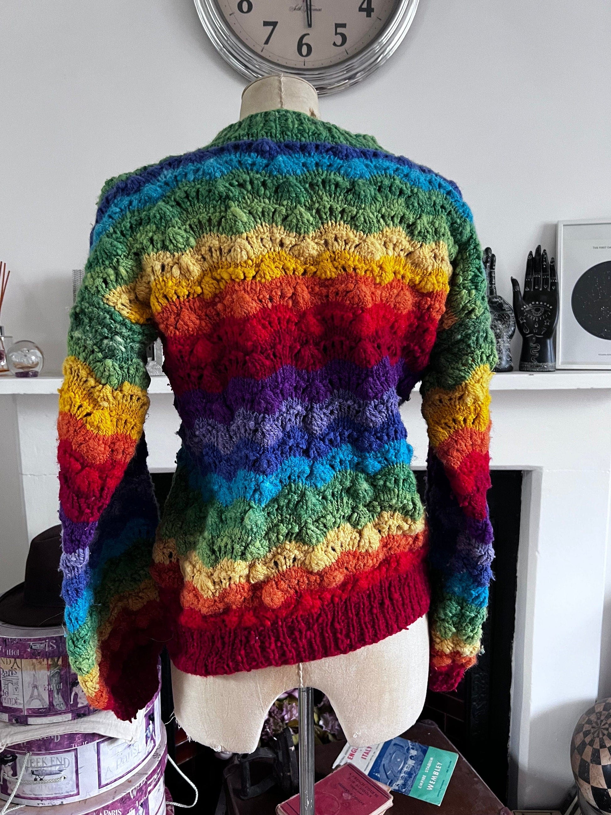 1980s 1990s Hand Knit Rainbow Jumper Balloon Sleeve hand made jumper, rainbow jumper, chunky knit rainbow jumper