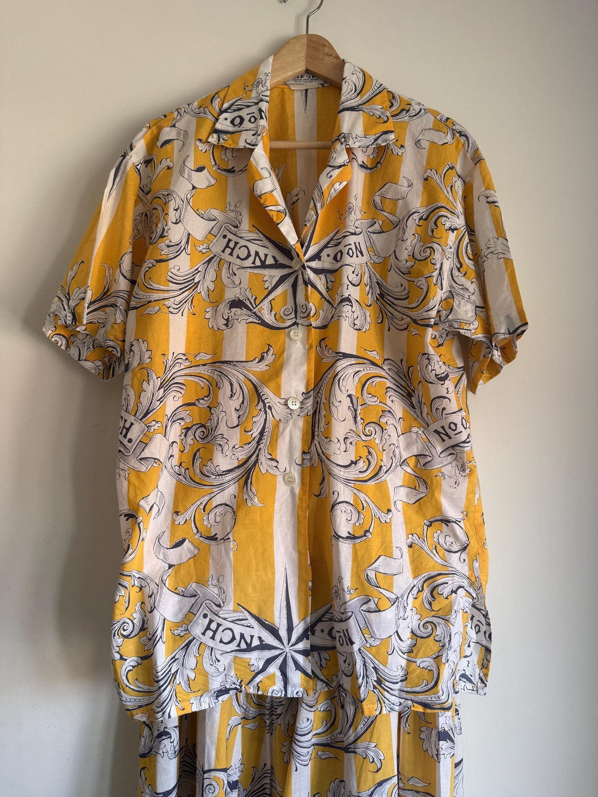 Vintage 1980s Jaeger Two Piece Skirt & Blouse Set – Yellow Nautical Print Cotton Co-ord – UK 10–12