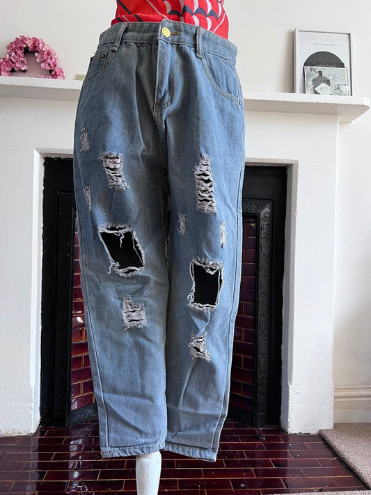 1990s Vintage mid rise blue wide leg tapered stonewash ripped jeans, UK 8/10 waist 29” leg 31”