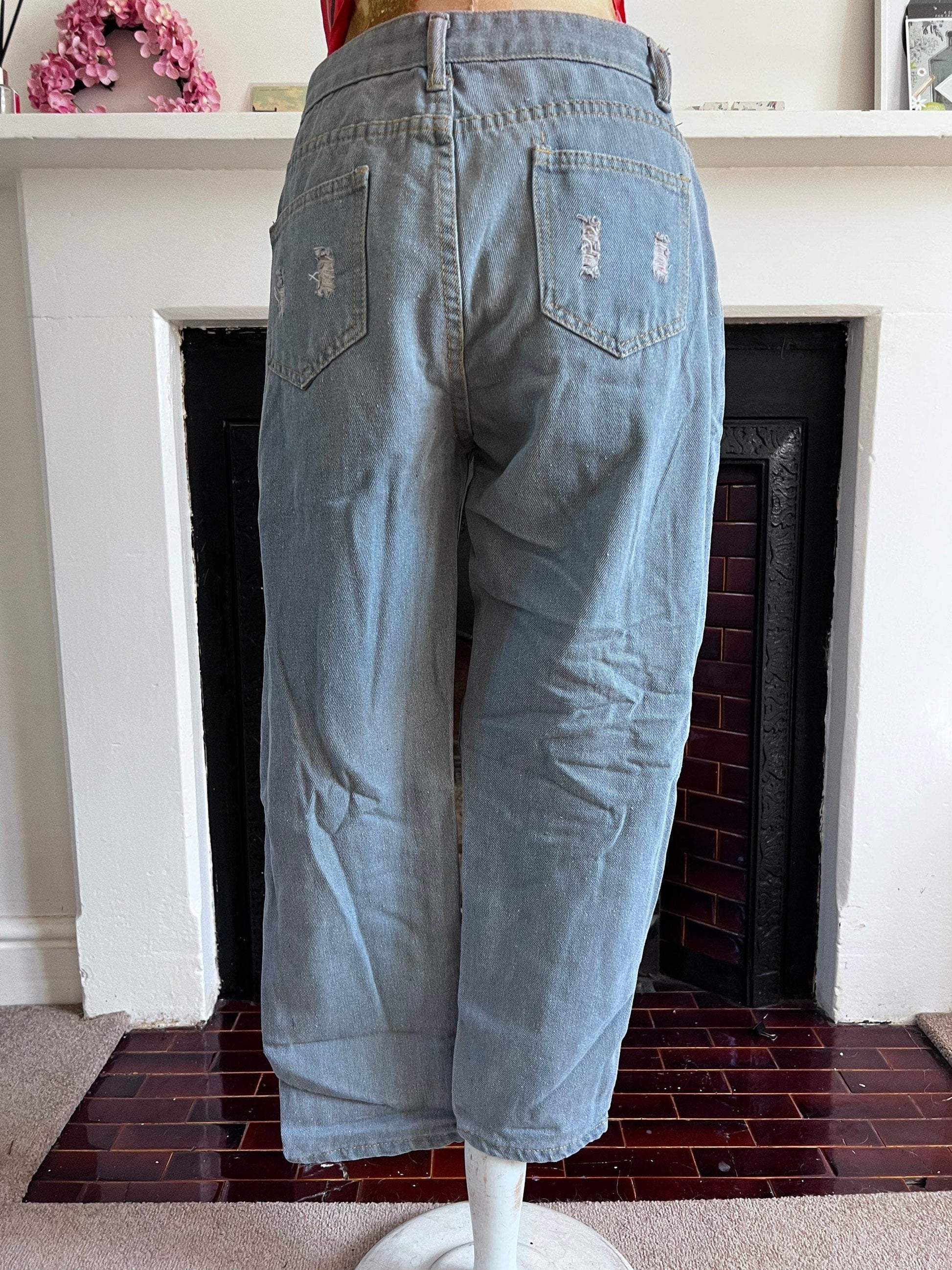 1990s Vintage mid rise blue wide leg tapered stonewash ripped jeans, UK 8/10 waist 29” leg 31”