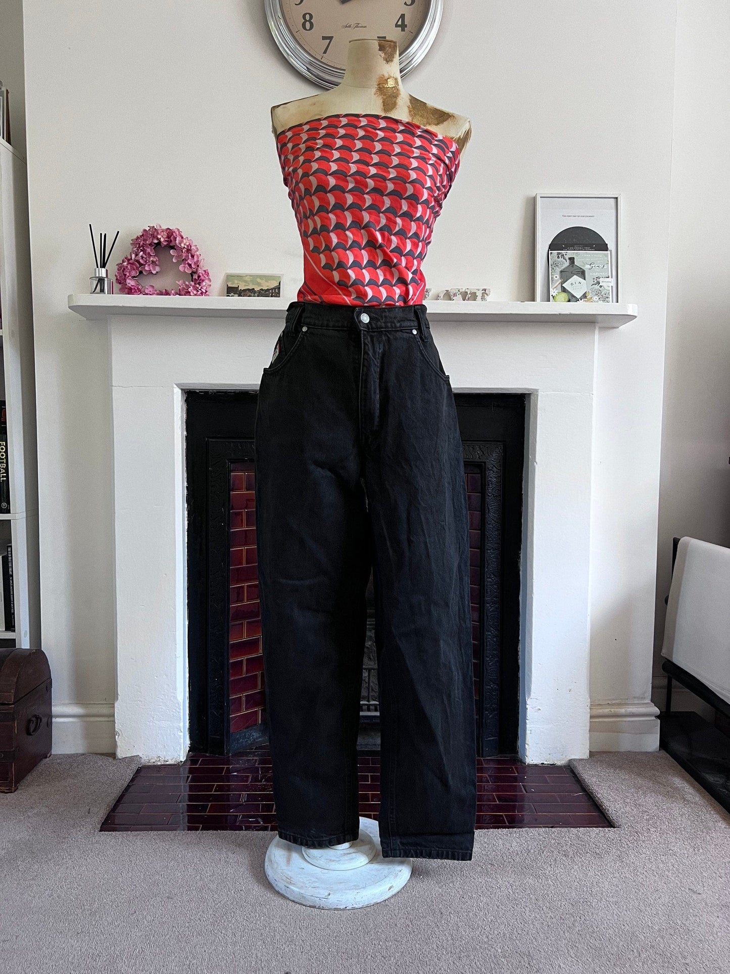 1990s Vintage mid rise black baggy wide leg zip fly jeans, UK 14 waist 32”