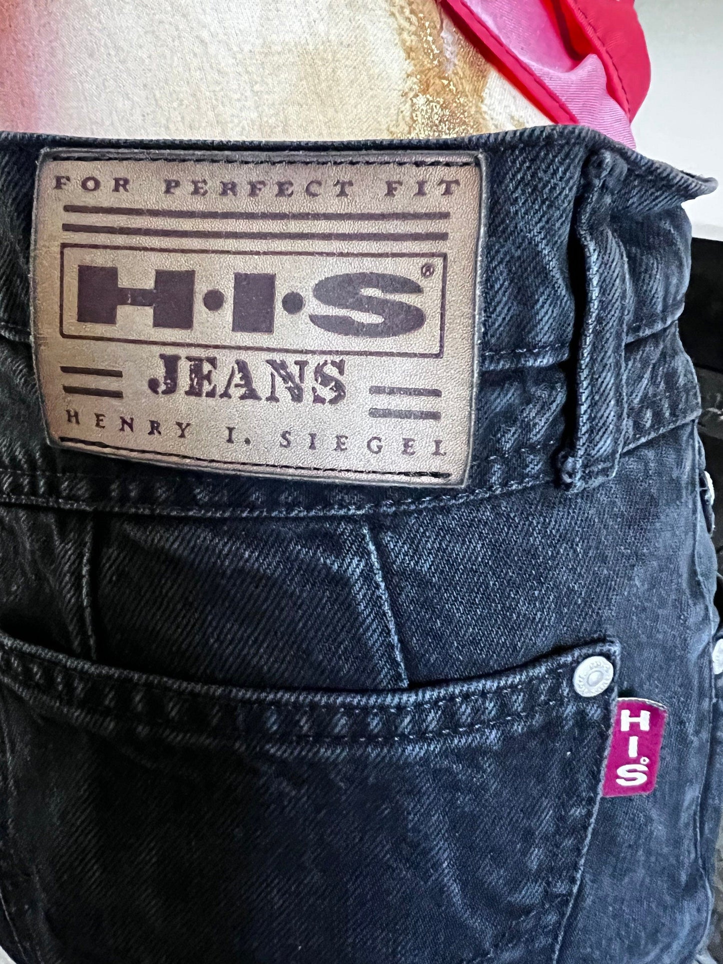 1990s Vintage mid rise black baggy wide leg zip fly jeans, UK 14 waist 32”