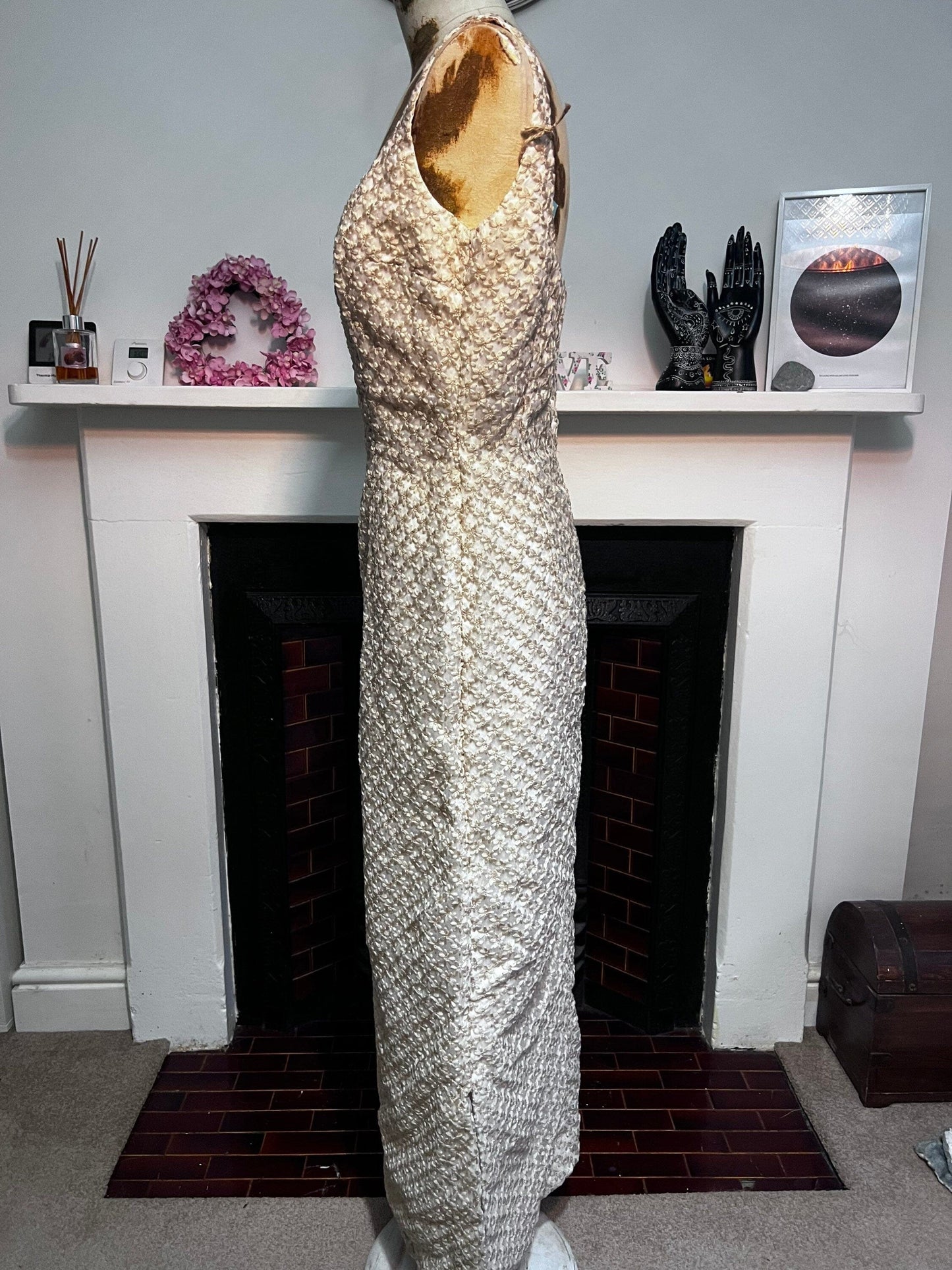 60s Vintage Cream embroidered Maxi Column Dress - Mesh Netting with Individual Embroidered Flower Details over - 10-12