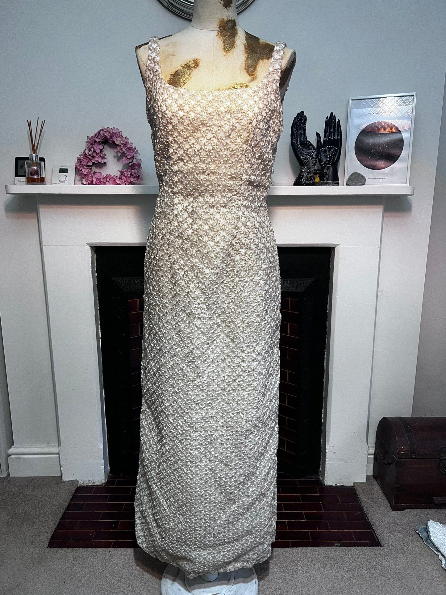 60s Vintage Cream embroidered Maxi Column Dress - Mesh Netting with Individual Embroidered Flower Details over - 10-12