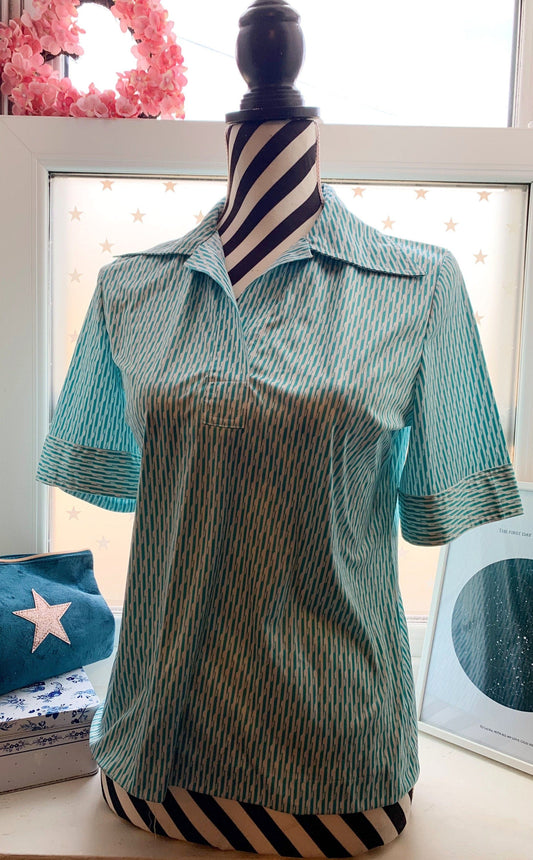 70s vintage Blouse Shirt 70s Vintage Japanese turquoise blue stripe short sleeve pattern blouse western shirt dagger collars