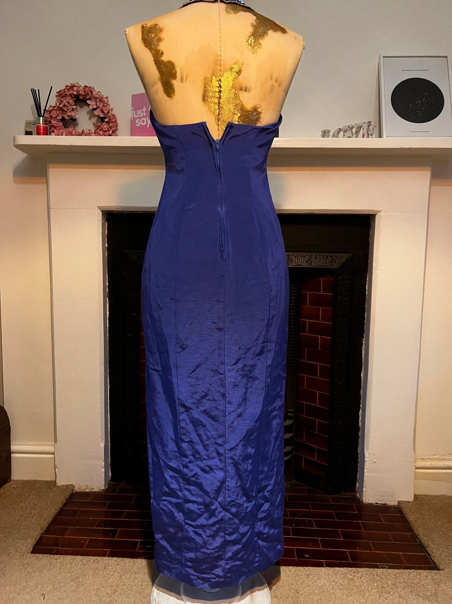 80s Blue Halter Dress with Beaded Sequin Collar Detail front Split UK Size 6