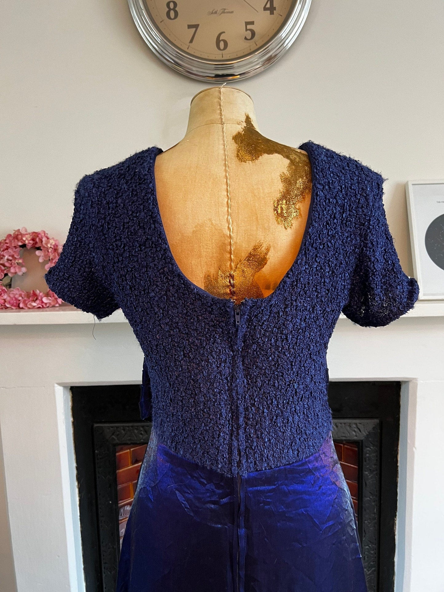80s Blue Purple Midi Dress with Chiffon waist detail and stretch bodice UK 14
