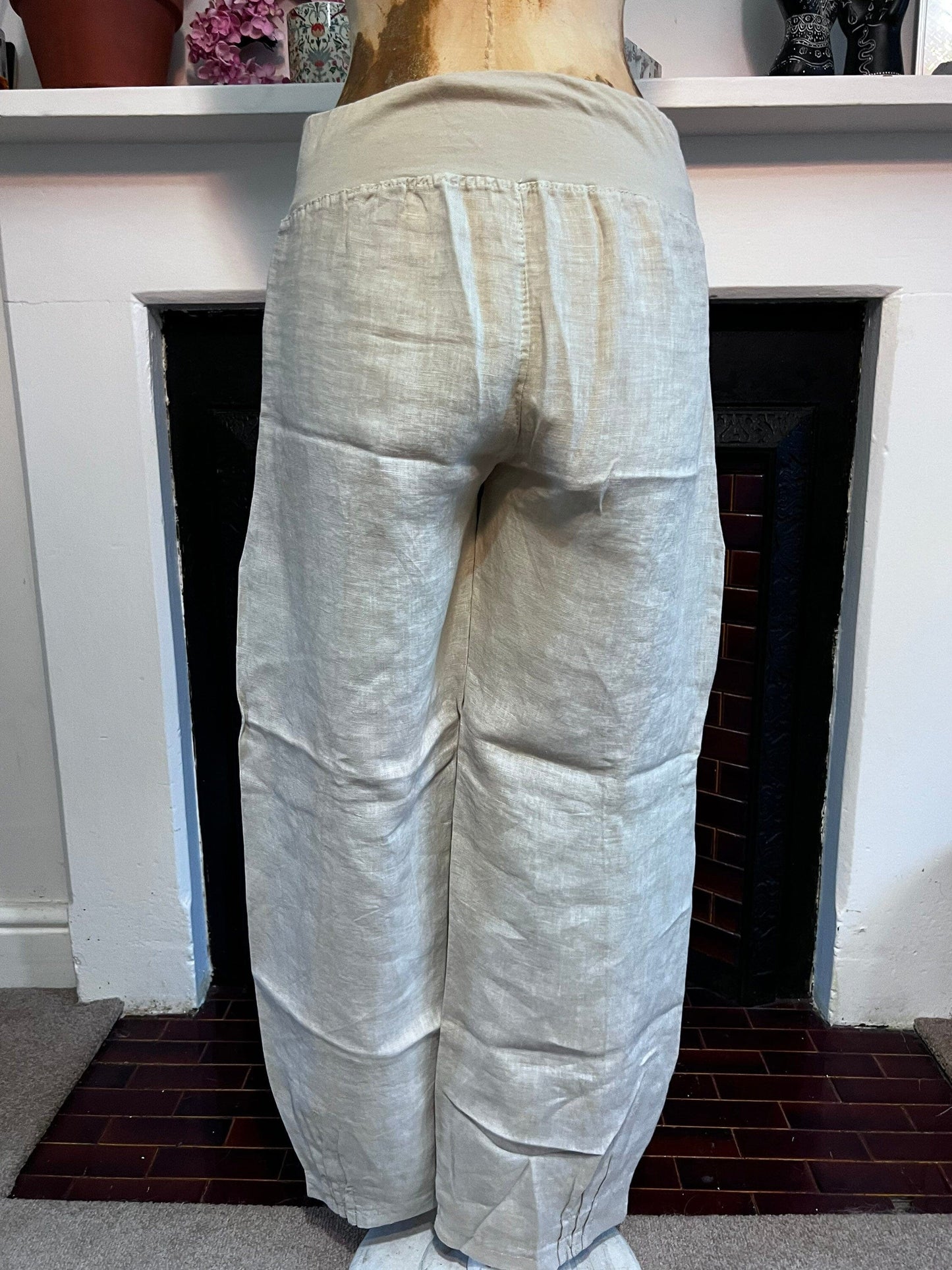 90s Vintage Beige Linen Trousers Pocket Front Cropped Trousers - Medium Lightweight Beige Trousers