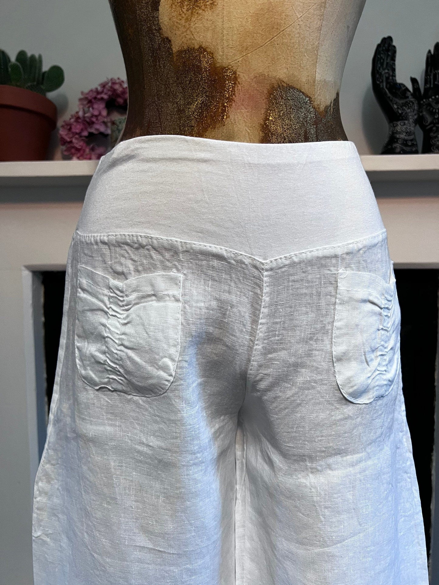 90s Vintage white Linen Trousers Pocket Front Cropped Trousers - Medium Lightweight white Trousers