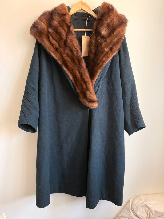 1920s Art Deco Wool Coat with Mink Fur Collar Black Cocoon Flapper Evening Coat