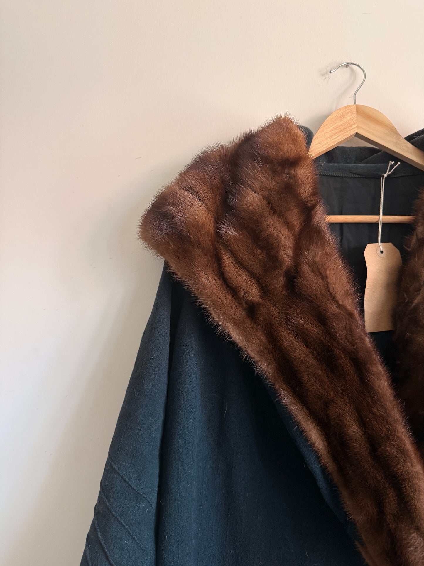1920s Art Deco Wool Coat with Mink Fur Collar Black Cocoon Flapper Evening Coat