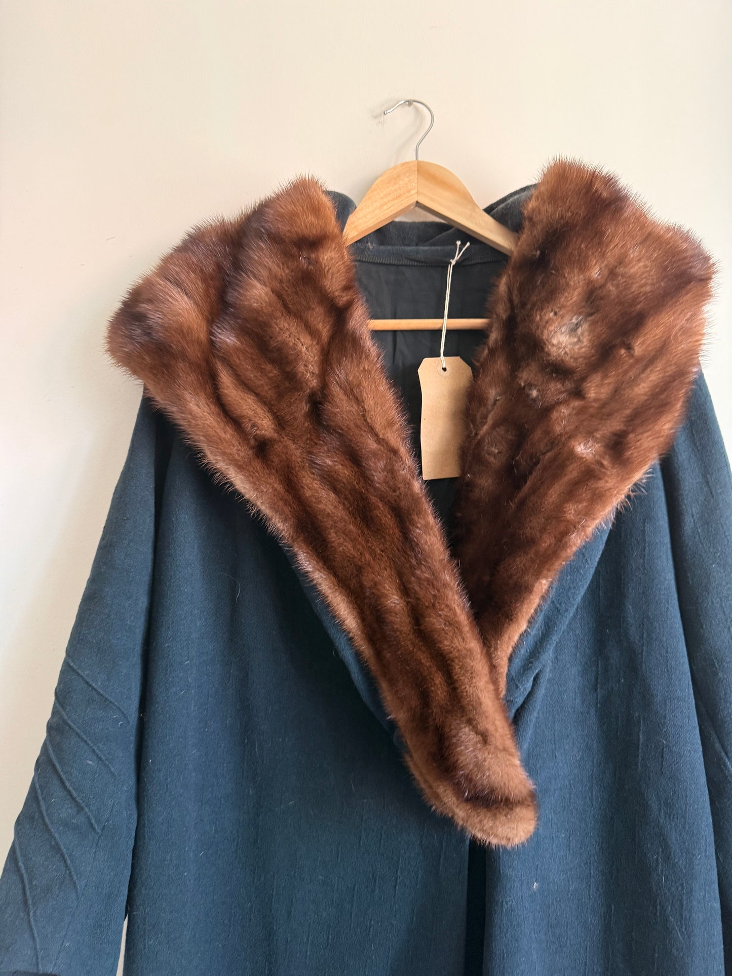 1920s Art Deco Wool Coat with Mink Fur Collar Black Cocoon Flapper Evening Coat