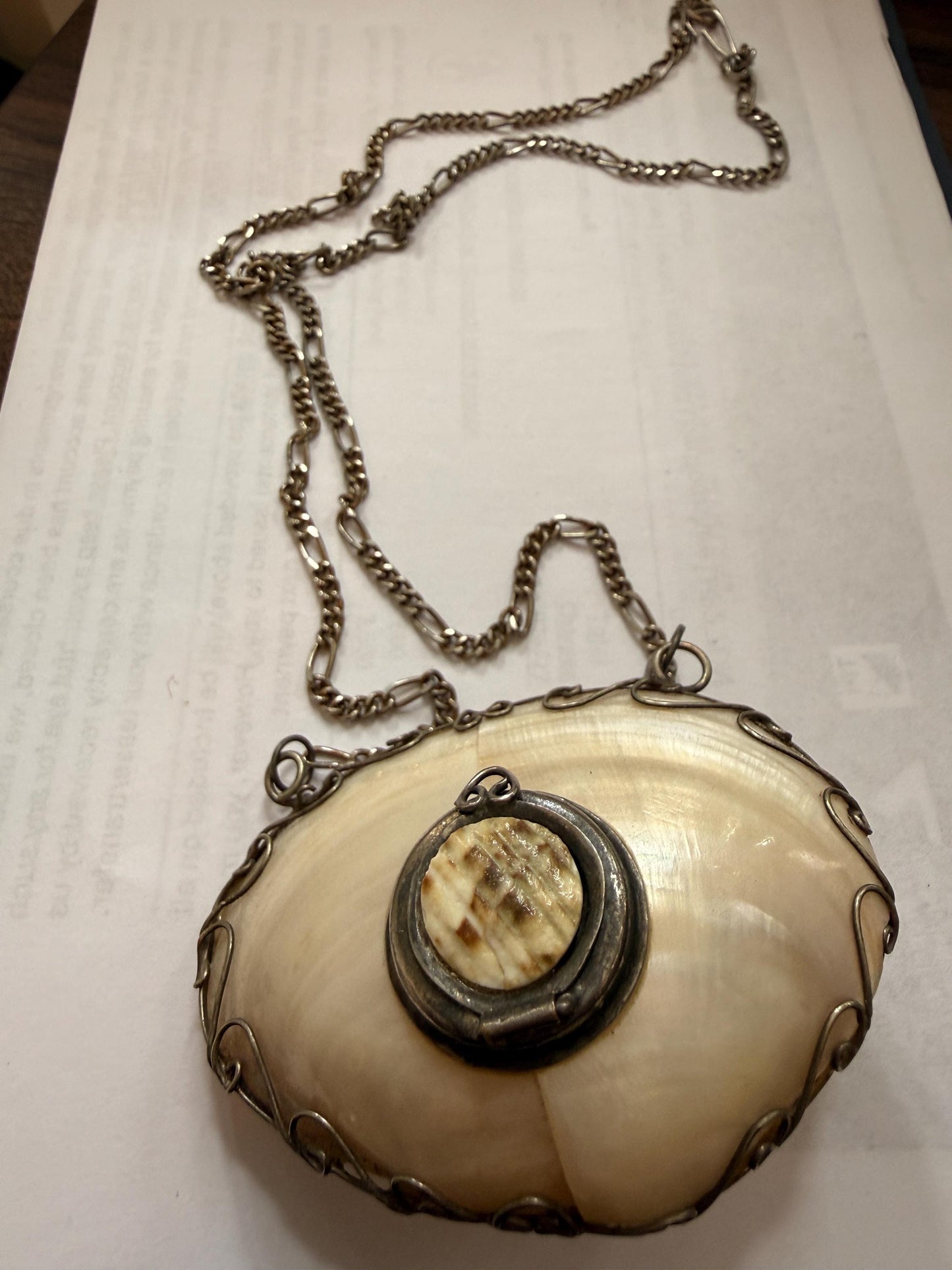 Antique Mother of Pearl Shell Scent Flask Necklace, Silver Tone Wirework Chatelaine Pendant, Victorian Curiosity