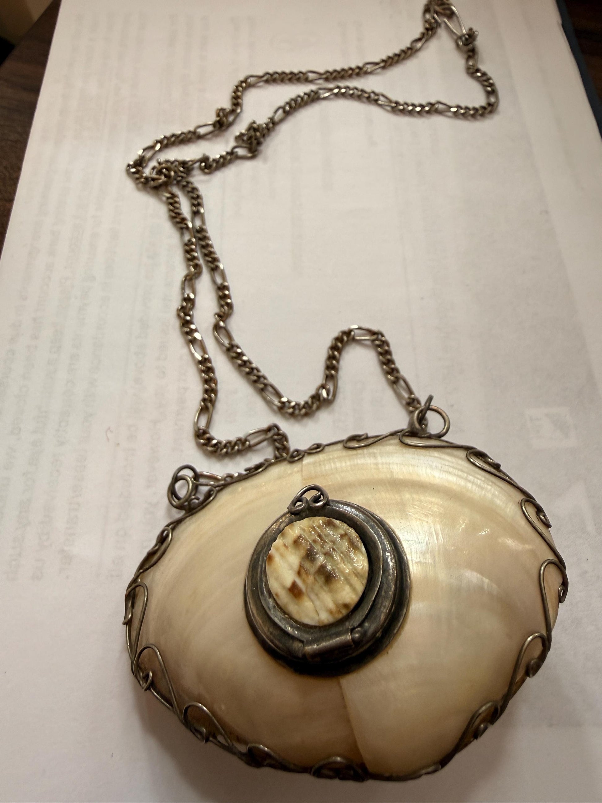 Antique Mother of Pearl Shell Scent Flask Necklace, Silver Tone Wirework Chatelaine Pendant, Victorian Curiosity