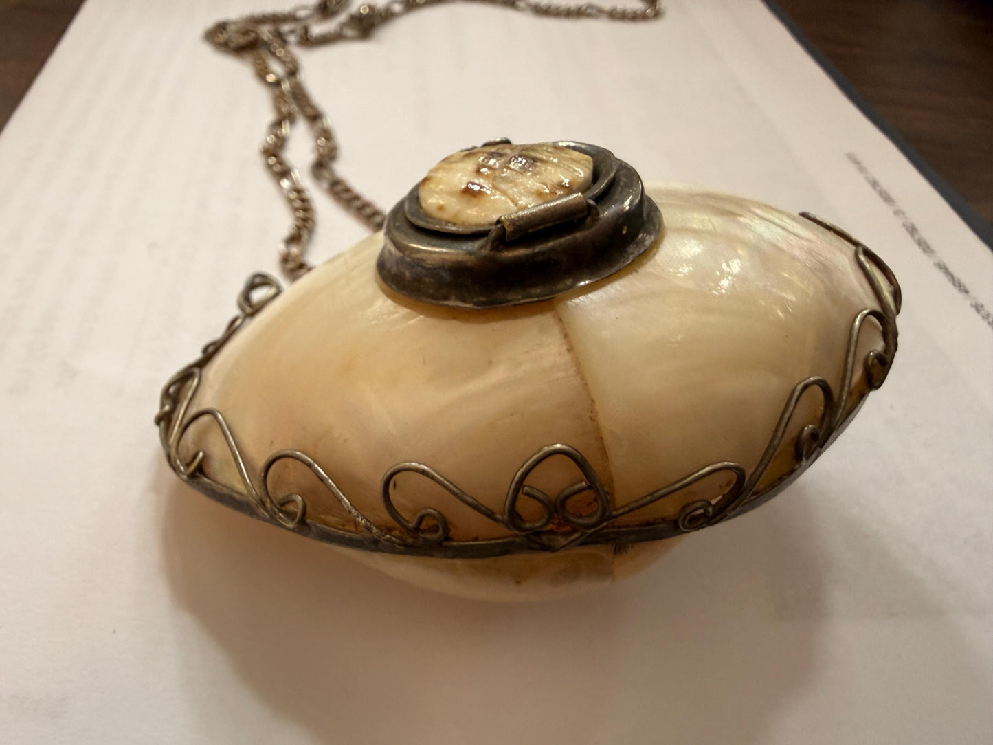 Antique Mother of Pearl Shell Scent Flask Necklace, Silver Tone Wirework Chatelaine Pendant, Victorian Curiosity